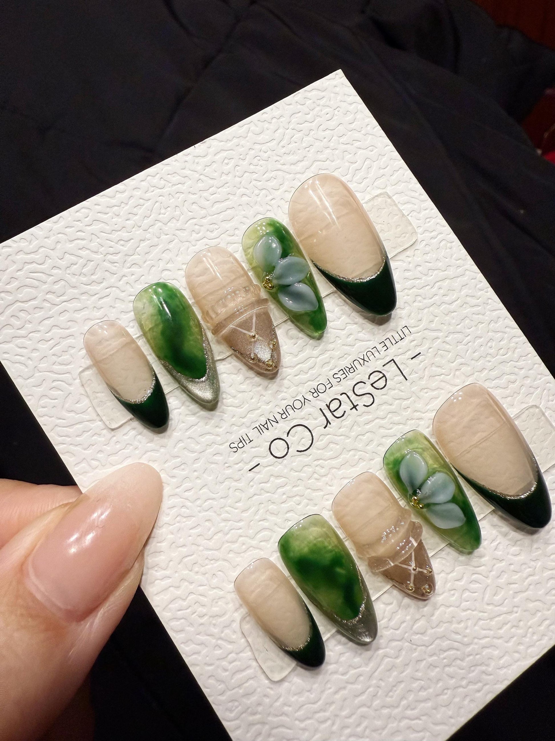 Reusable Emerald Jelly Garden | Handmade Press On Gel Acrylic Nails | 4for3 Timed Offer