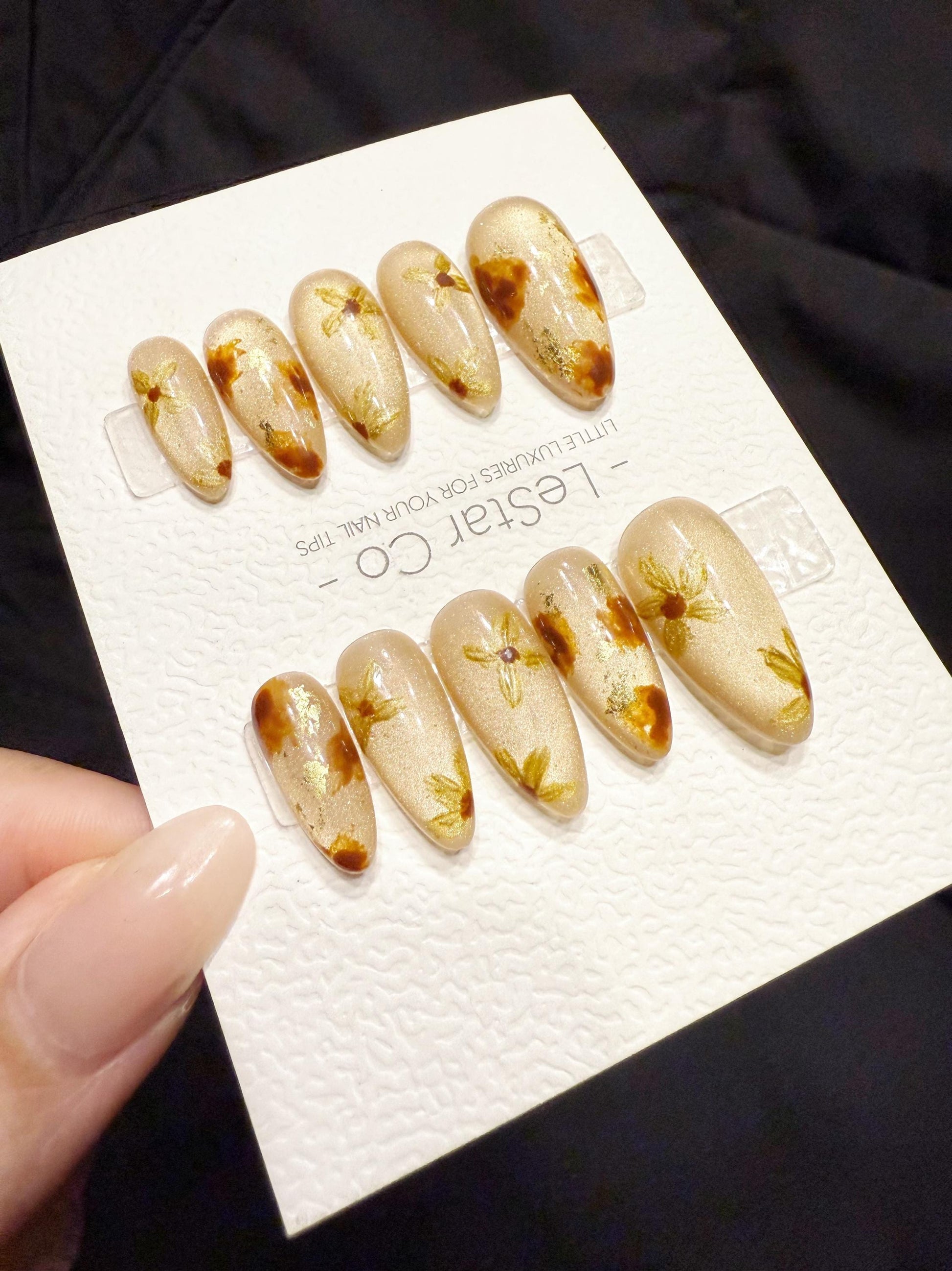 Reusable Golden Petal Drifts | Handmade Press On Gel Acrylic Nails | 4for3 Timed Offer