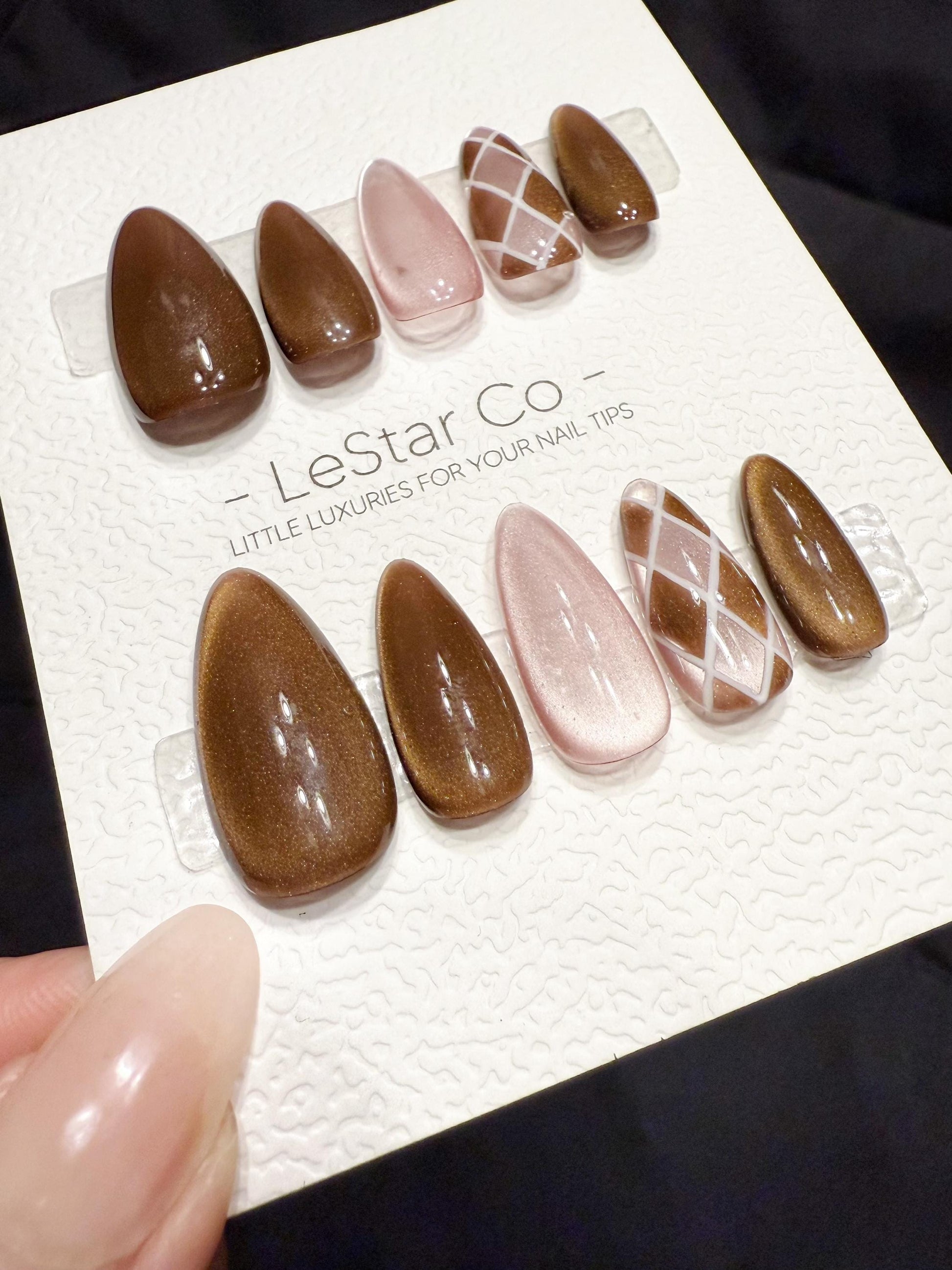 Reusable Cocoa Silk Lines | Handmade Press On Gel Acrylic Nails | 4for3 Timed Offer