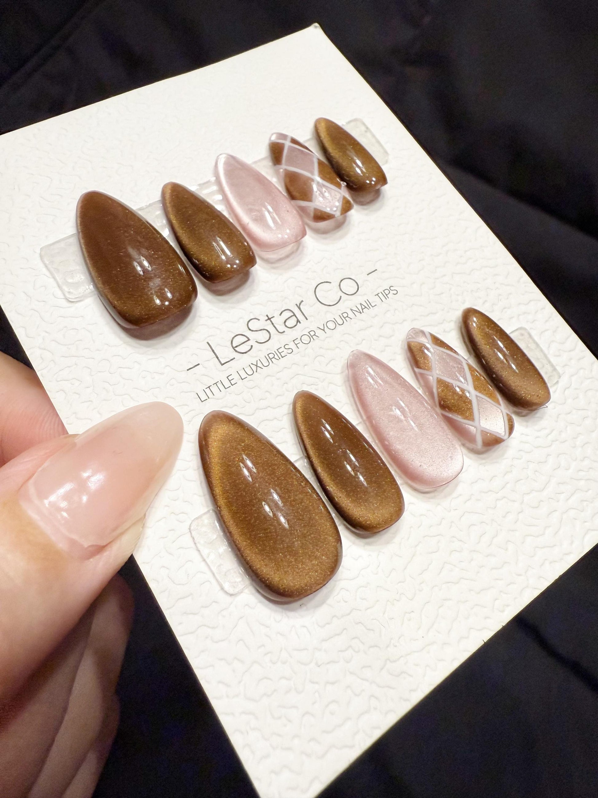Reusable Cocoa Silk Lines | Handmade Press On Gel Acrylic Nails | 4for3 Timed Offer