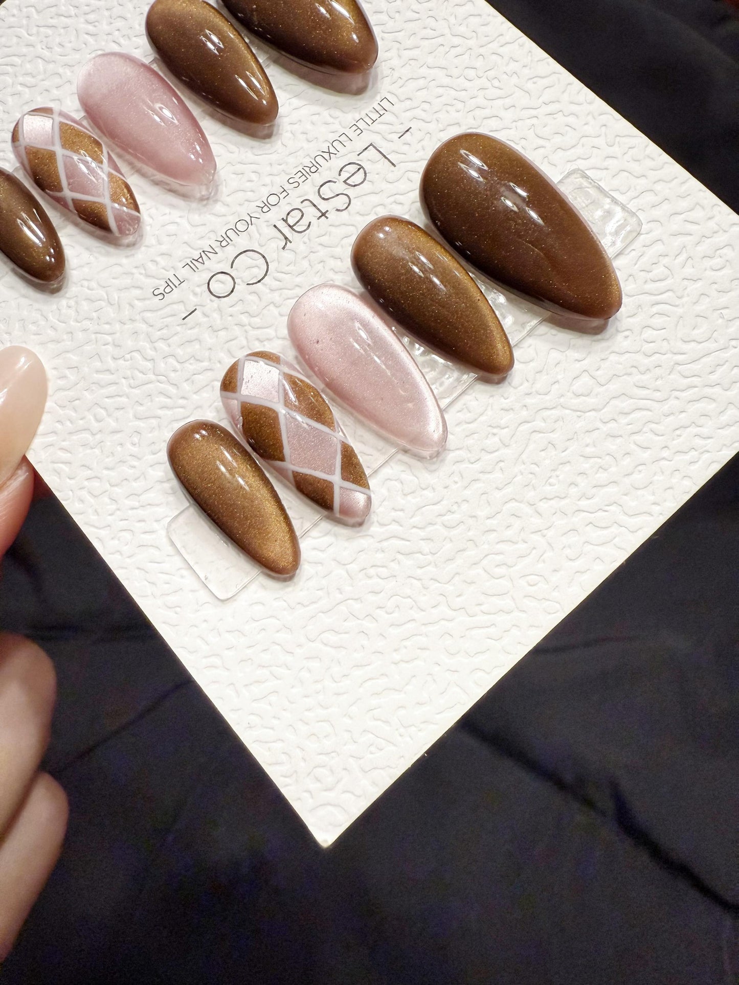 Reusable Cocoa Silk Lines | Handmade Press On Gel Acrylic Nails | 4for3 Timed Offer