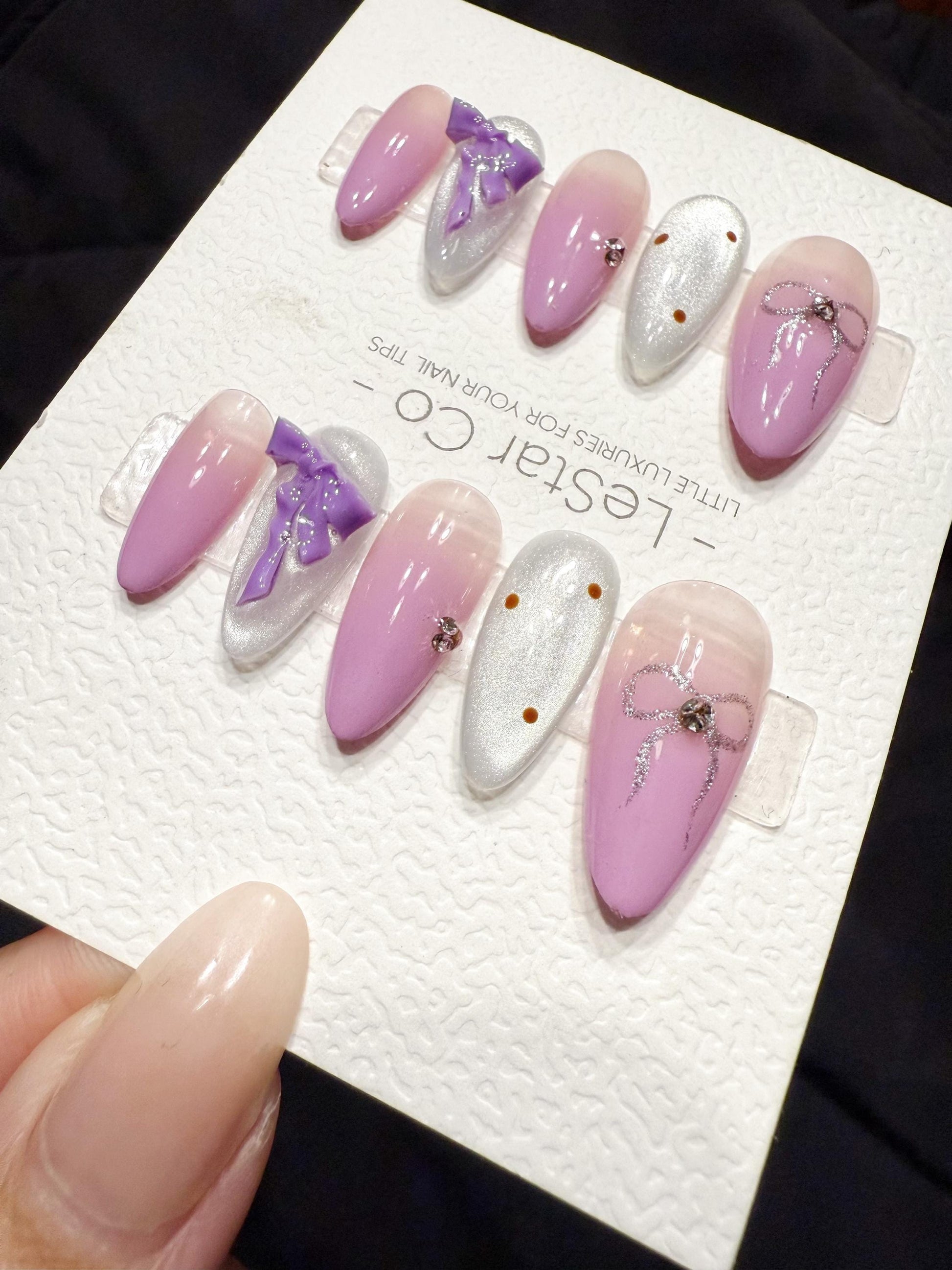 Reusable Lilac Bow Dream | Handmade Press On Gel Acrylic Nails | 4for3 Timed Offer