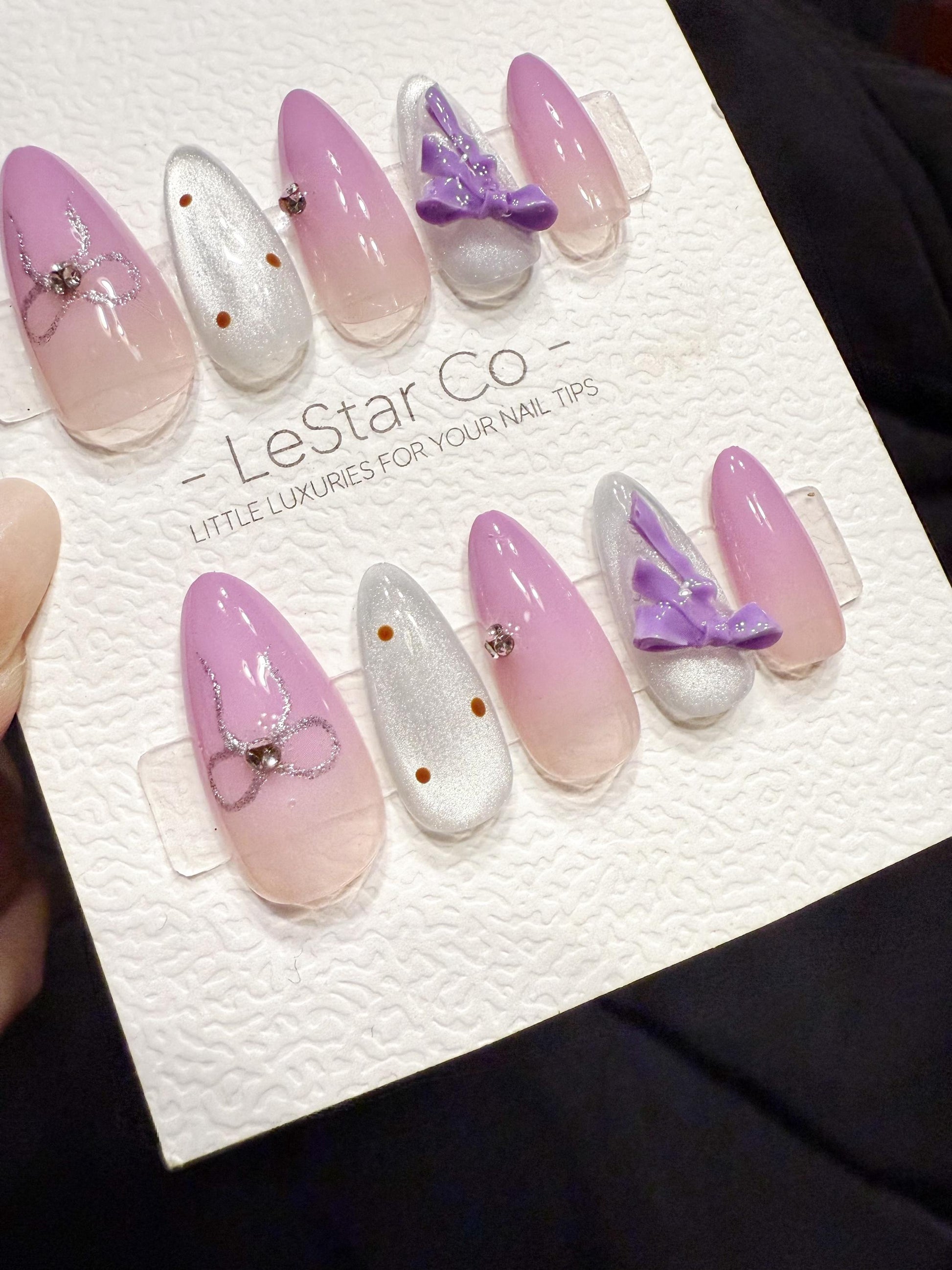 Reusable Lilac Bow Dream | Handmade Press On Gel Acrylic Nails | 4for3 Timed Offer