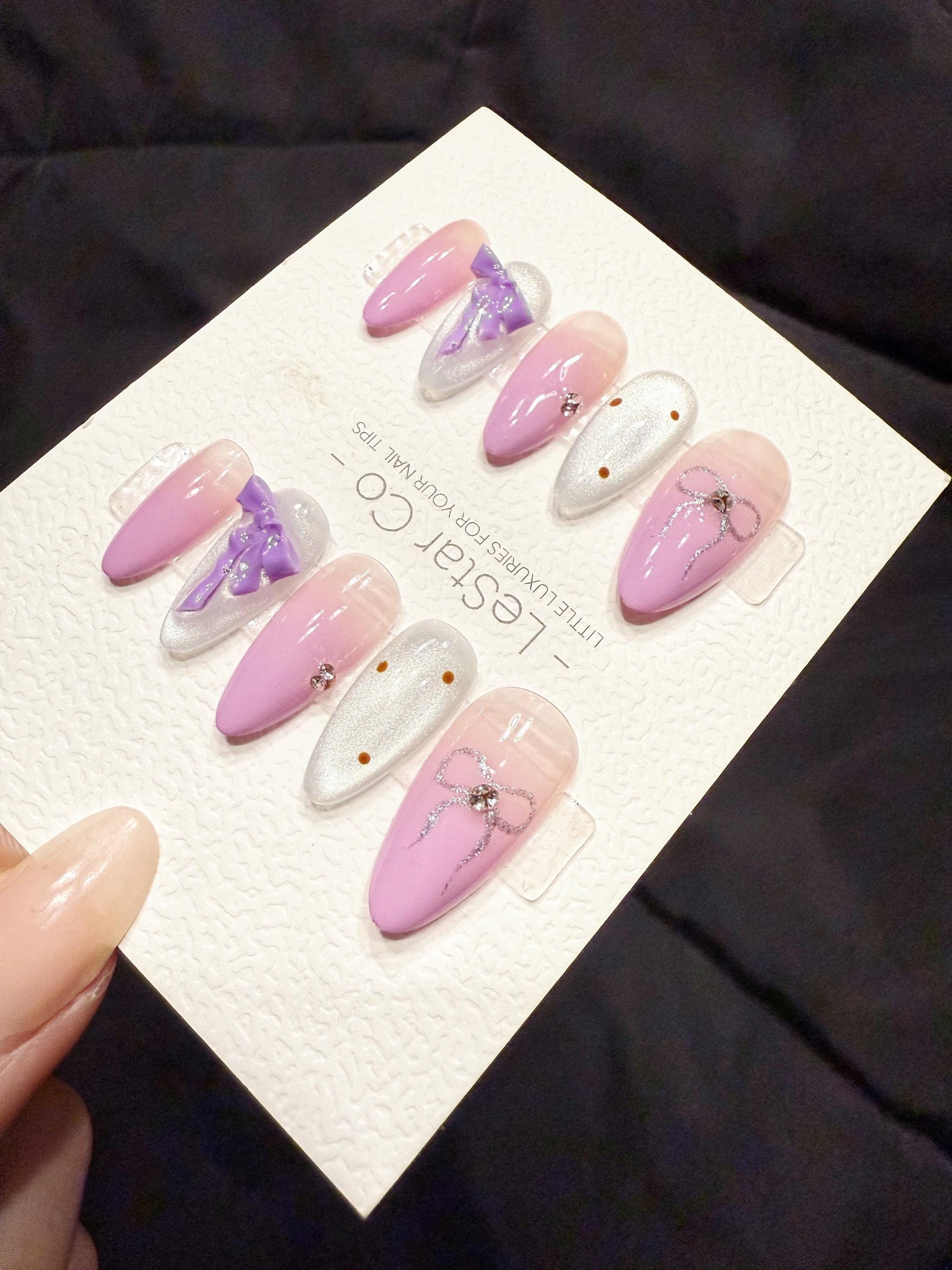 Reusable Lilac Bow Dream | Handmade Press On Gel Acrylic Nails | 4for3 Timed Offer