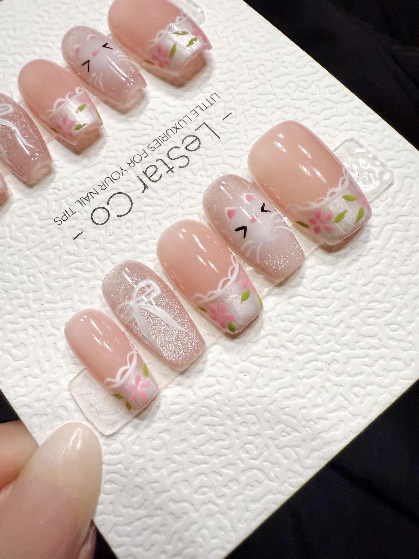 Reusable Blush Kitty Garden | Handmade Press On Gel Acrylic Nails | 4for3 Timed Offer