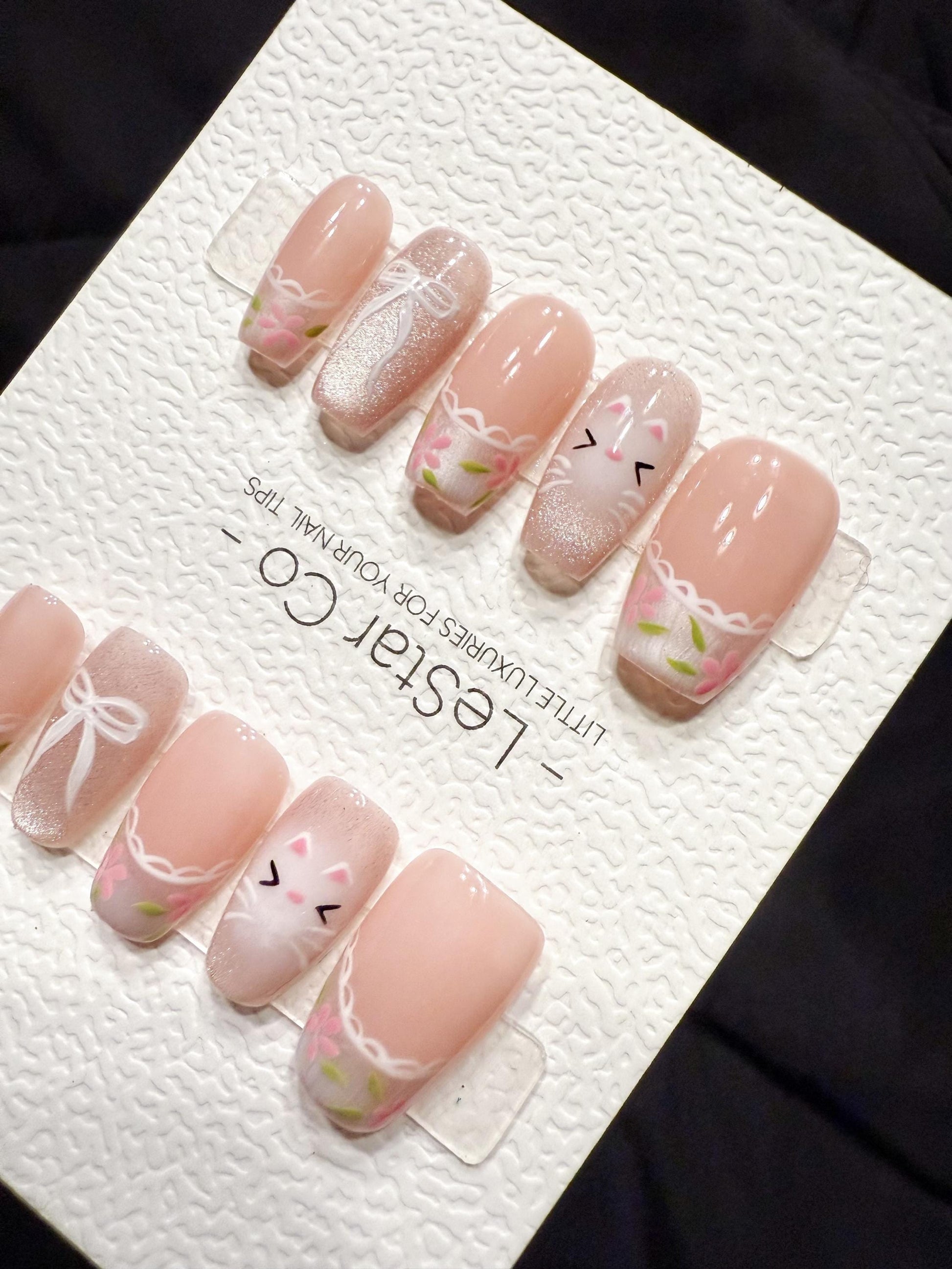 Reusable Blush Kitty Garden | Handmade Press On Gel Acrylic Nails | 4for3 Timed Offer