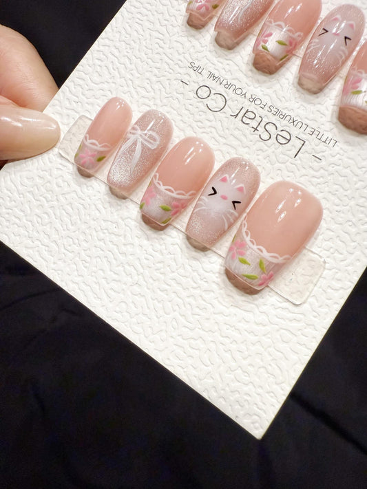 Reusable Blush Kitty Garden | Handmade Press On Gel Acrylic Nails | 4for3 Timed Offer