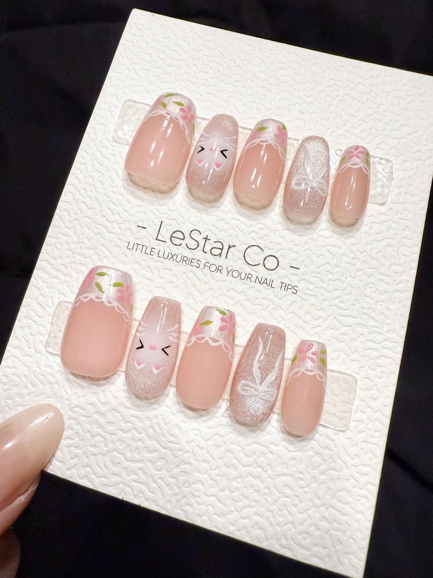 Reusable Blush Kitty Garden | Handmade Press On Gel Acrylic Nails | 4for3 Timed Offer