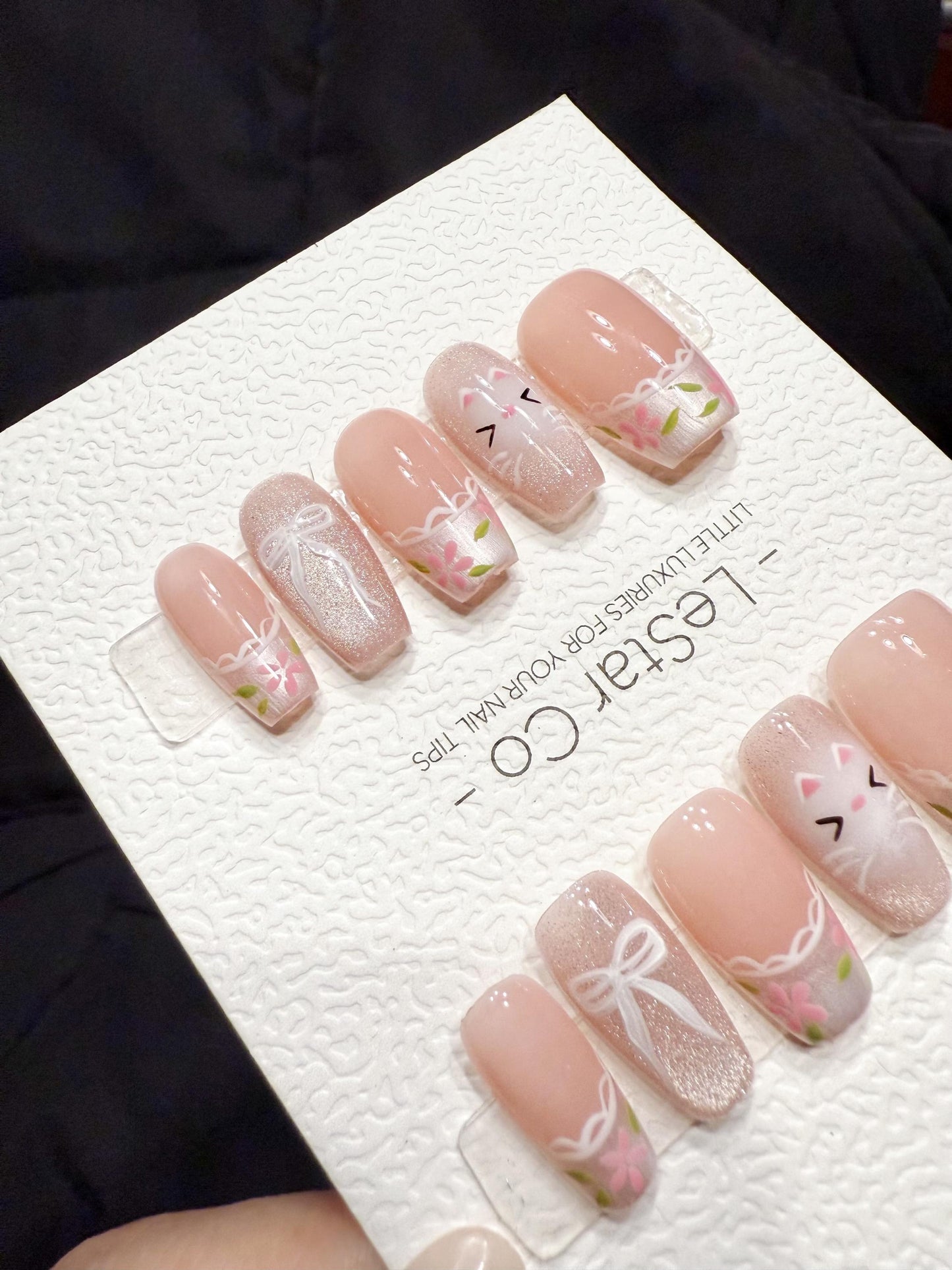 Reusable Blush Kitty Garden | Handmade Press On Gel Acrylic Nails | 4for3 Timed Offer