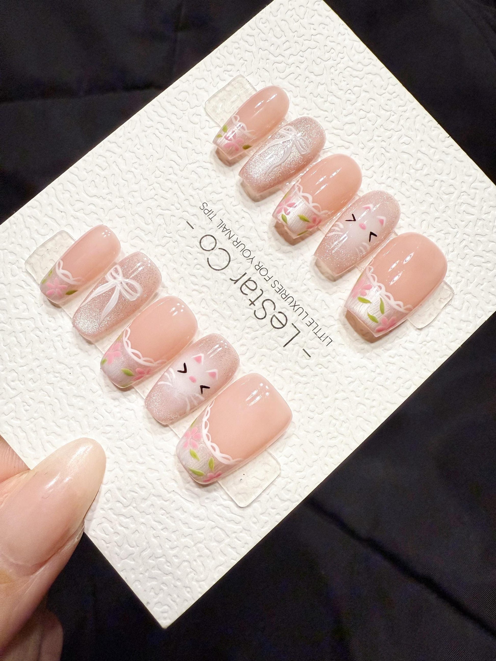 Reusable Blush Kitty Garden | Handmade Press On Gel Acrylic Nails | 4for3 Timed Offer