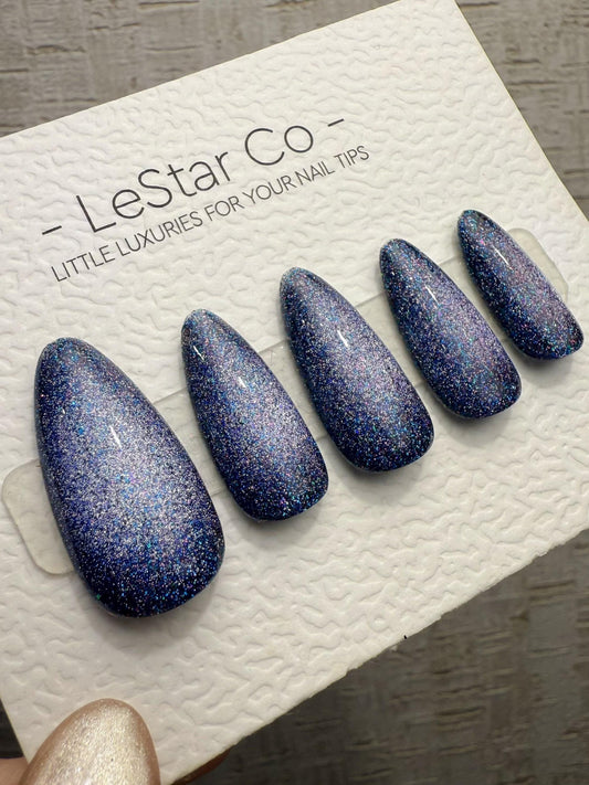 Handmade Press On Cosmic Indigo Glow Gel Acrylic Nails 4for3 Timed Offer