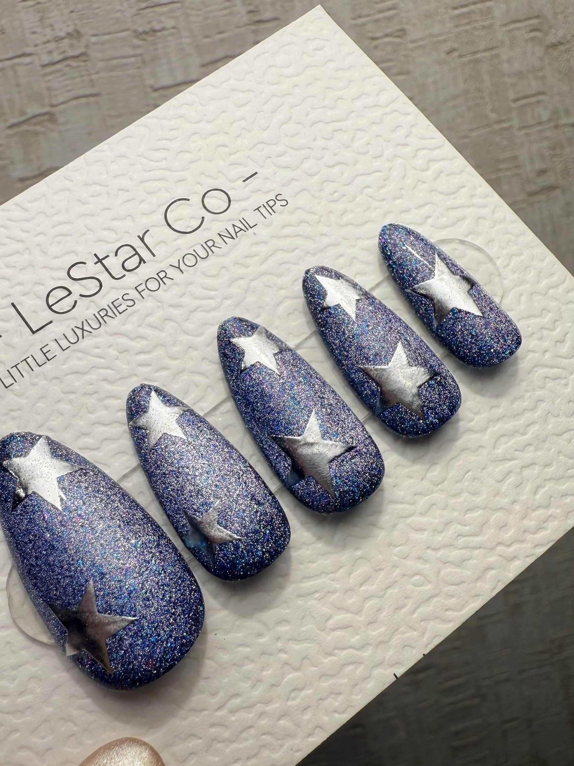 Handmade Press On Cosmic Indigo Star Cat Eye Gel Acrylic Nails 4for3 Timed Offer