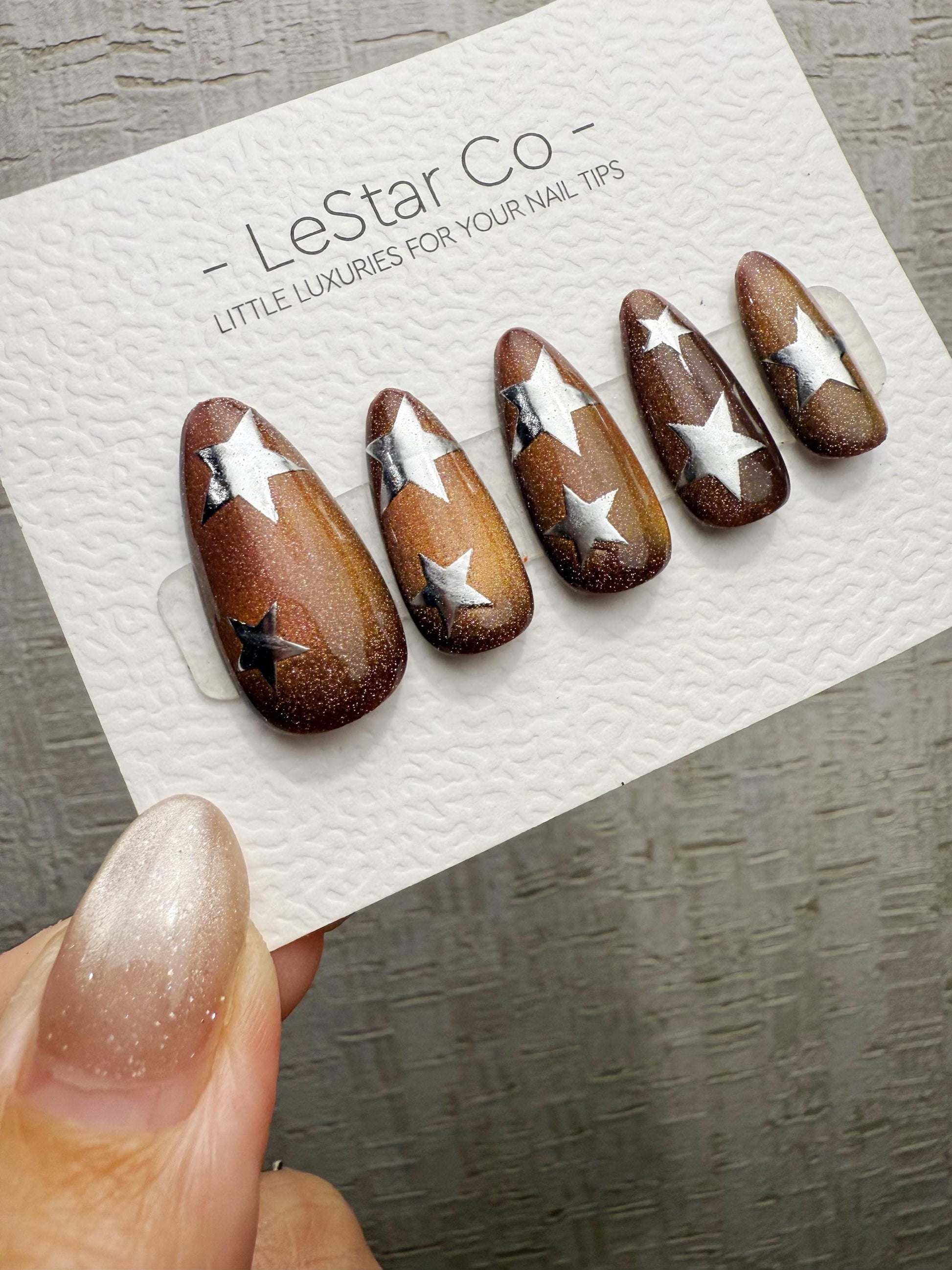 Handmade Press On Mocha Galaxy Stars Cat Eye Gel Acrylic Nails 4for3 Timed Offer