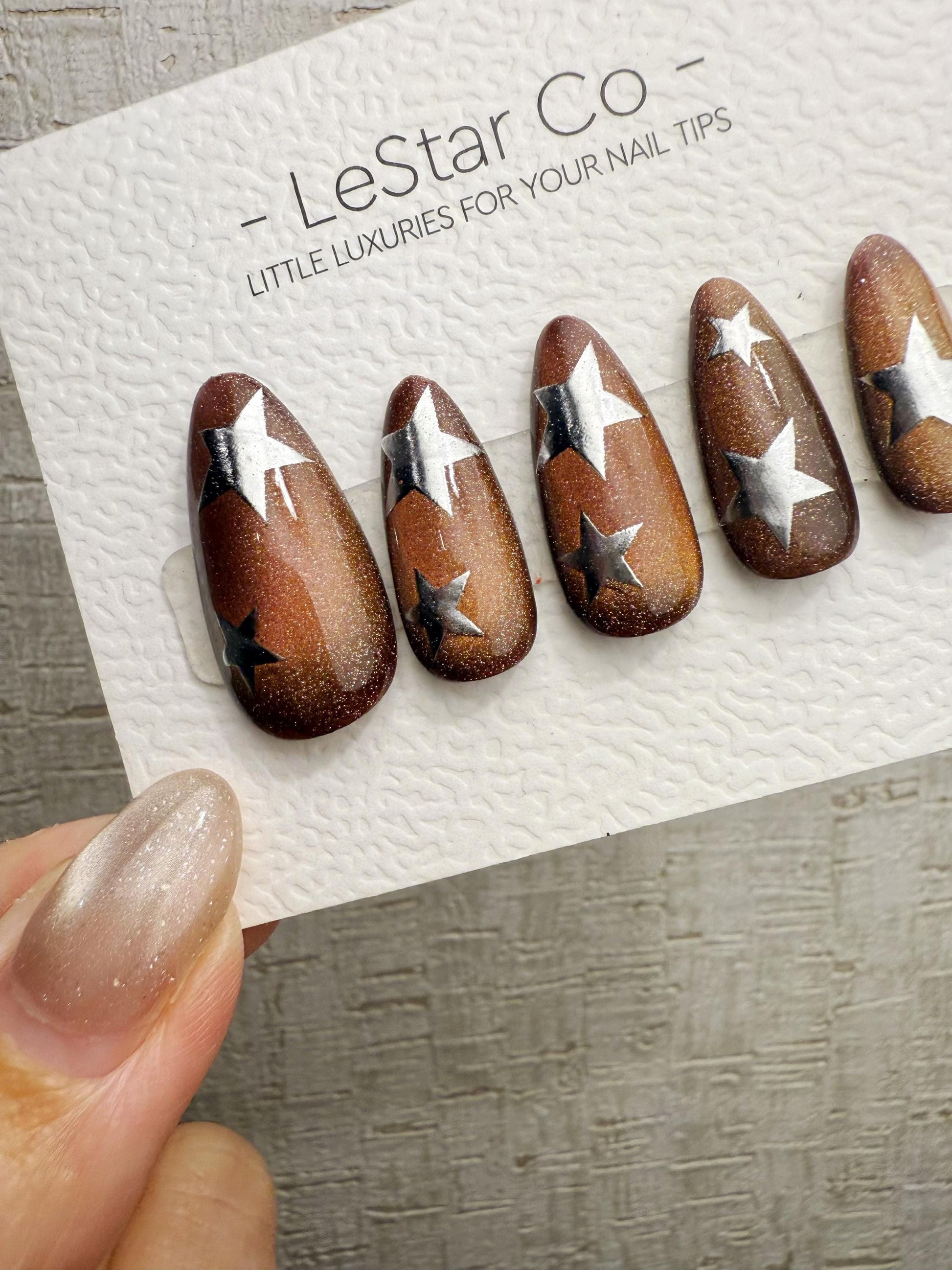 Handmade Press On Mocha Galaxy Stars Cat Eye Gel Acrylic Nails 4for3 Timed Offer