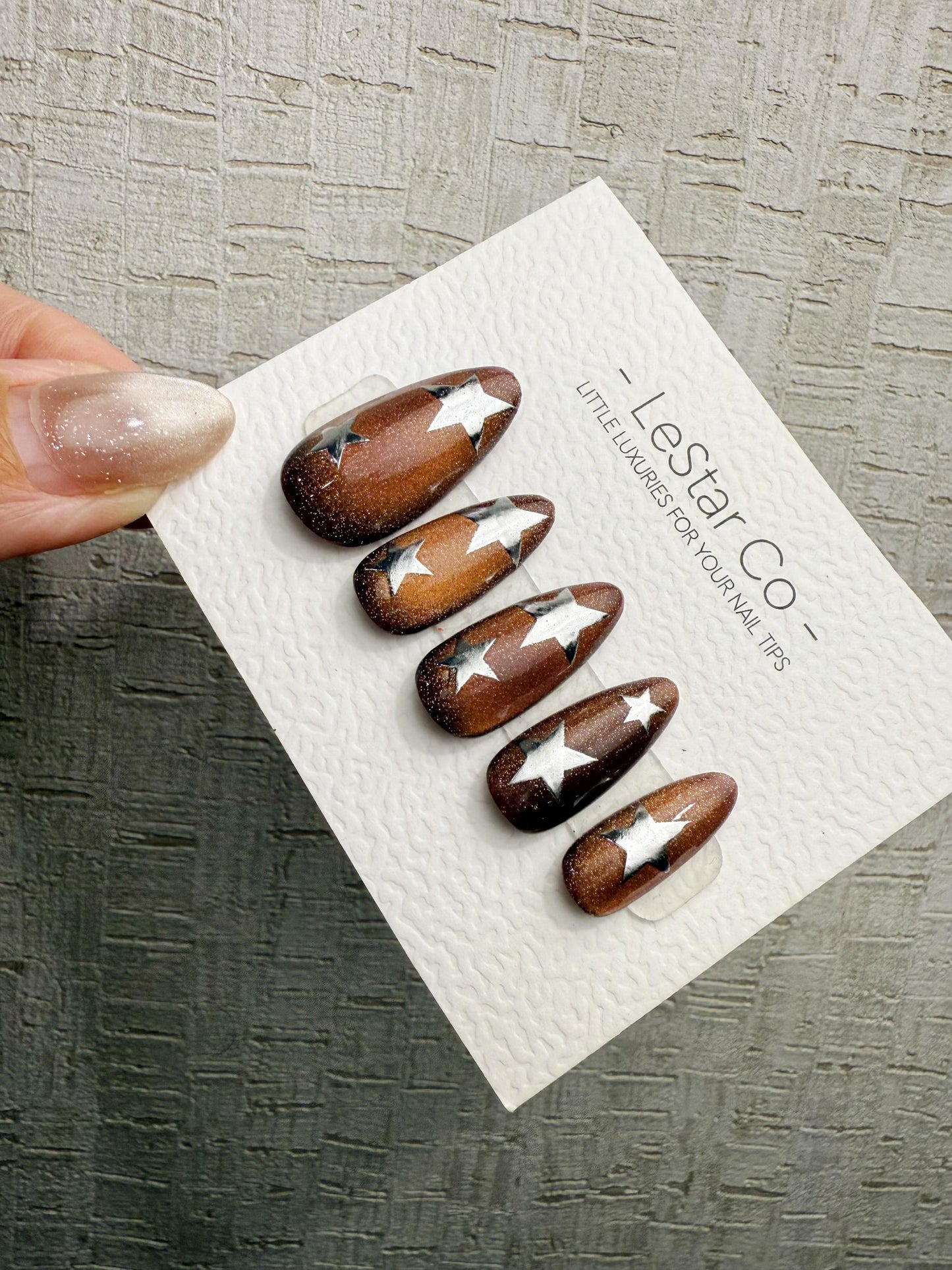 Handmade Press On Mocha Galaxy Stars Cat Eye Gel Acrylic Nails 4for3 Timed Offer