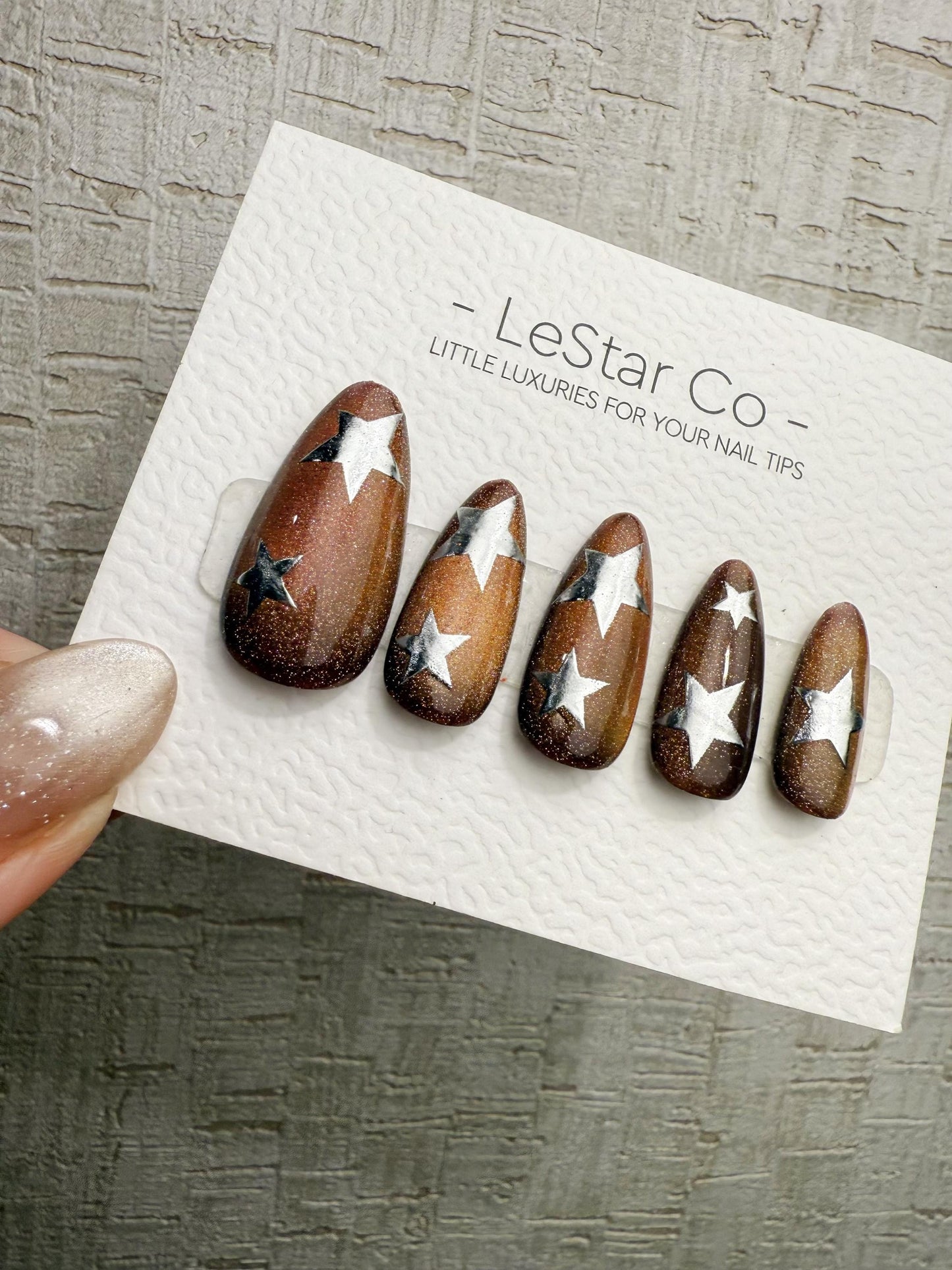 Handmade Press On Mocha Galaxy Stars Cat Eye Gel Acrylic Nails 4for3 Timed Offer