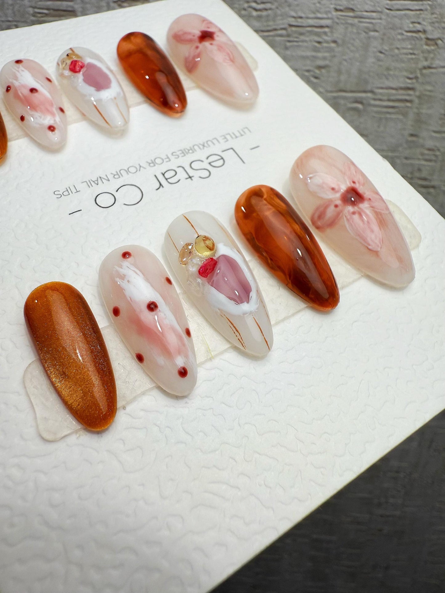 Handmade Press On Rose Tea Marble Gel Nails 4for3 Timed Offer