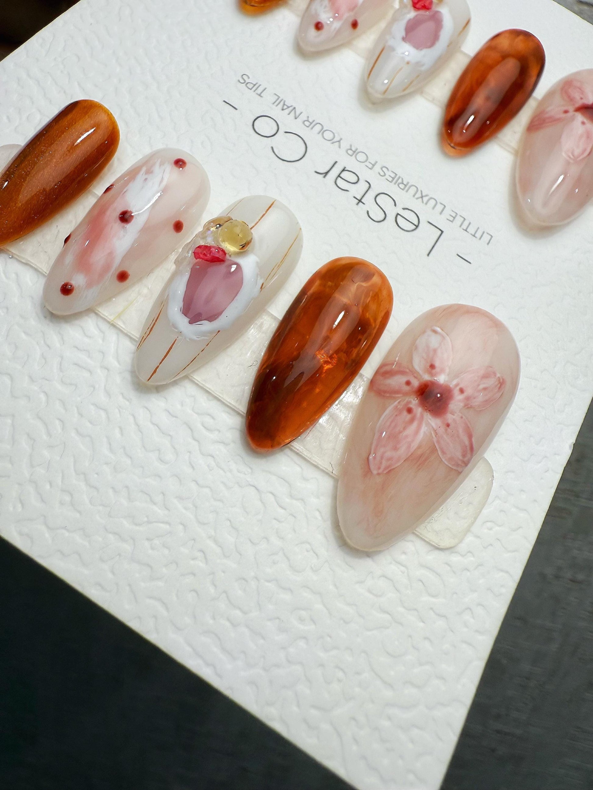 Handmade Press On Rose Tea Marble Gel Nails 4for3 Timed Offer