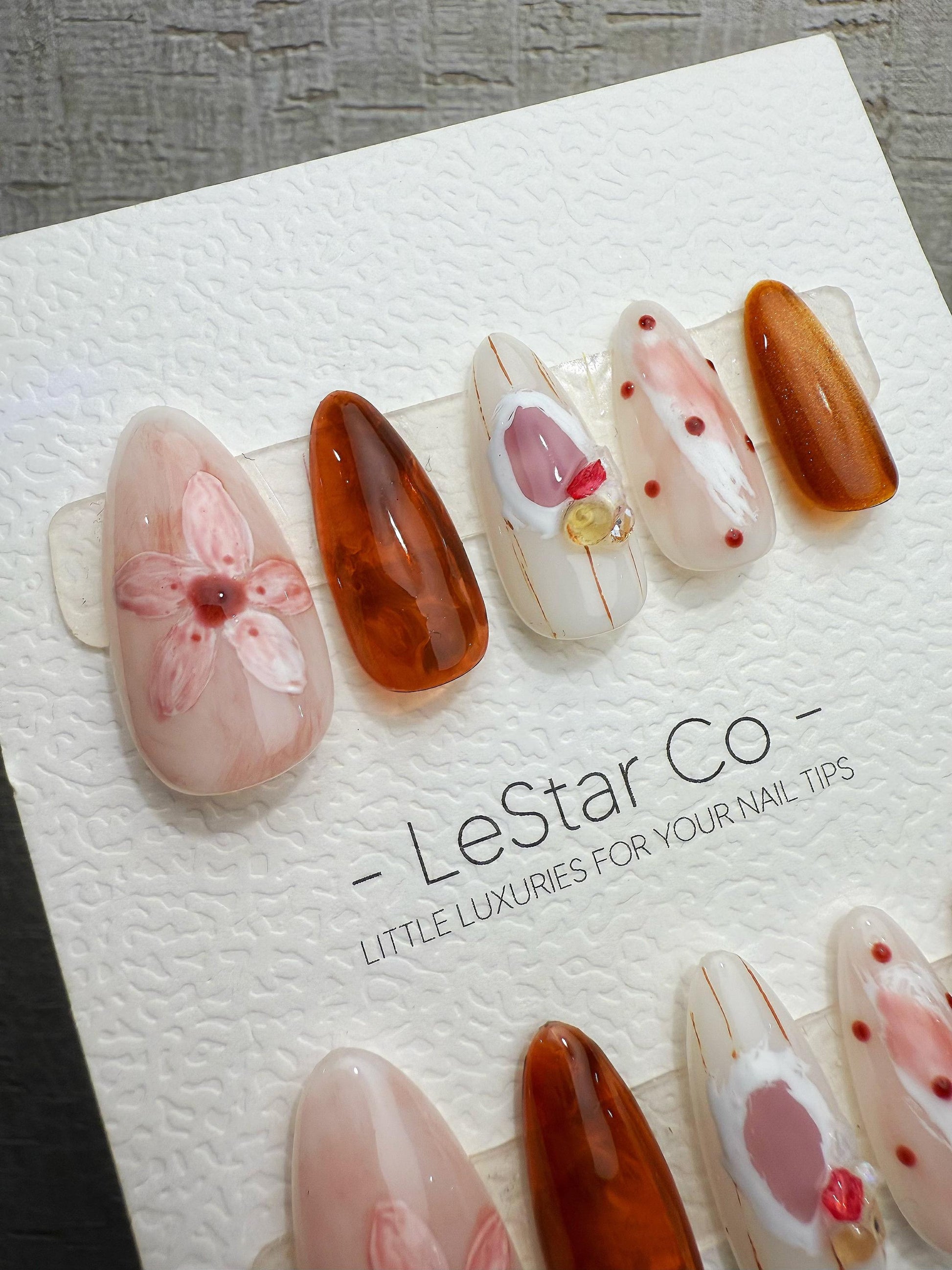 Handmade Press On Rose Tea Marble Gel Nails 4for3 Timed Offer