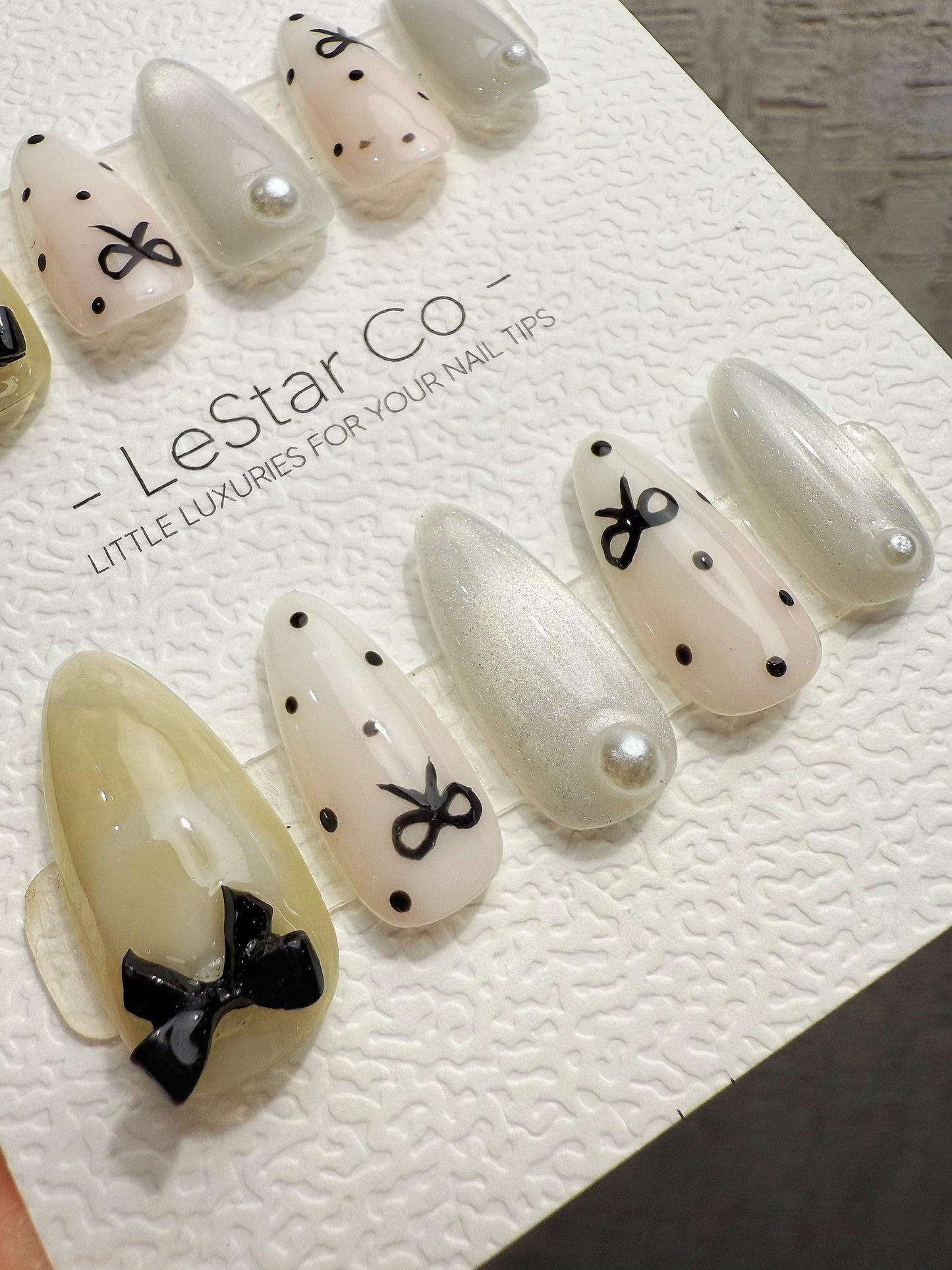 Handmade Press On Milk Ribbon Dots Gel Nails 4for3 Timed Offer
