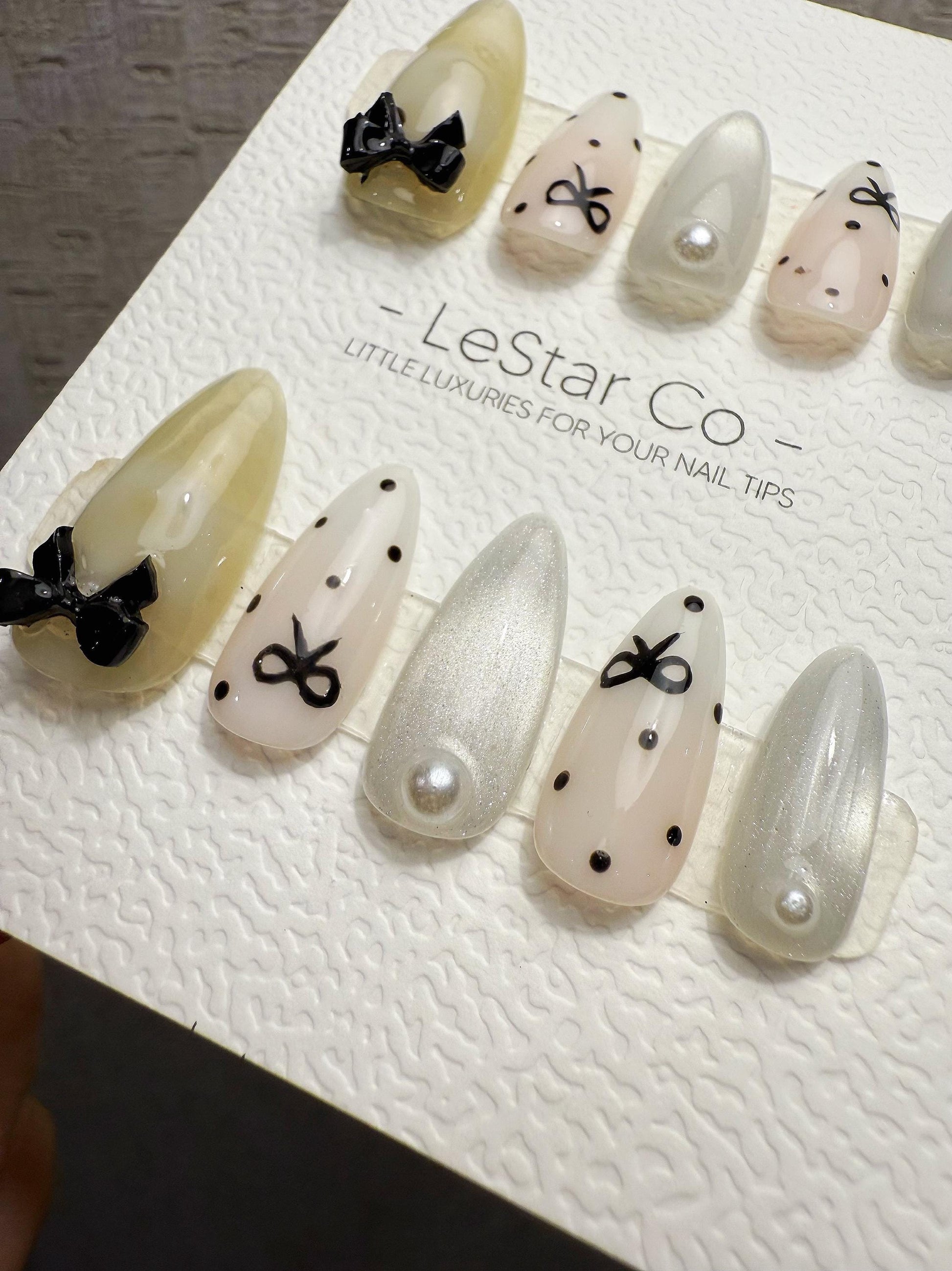 Handmade Press On Milk Ribbon Dots Gel Nails 4for3 Timed Offer