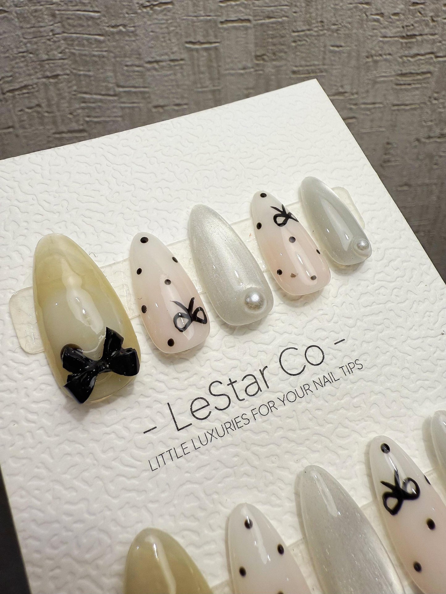Handmade Press On Milk Ribbon Dots Gel Nails 4for3 Timed Offer