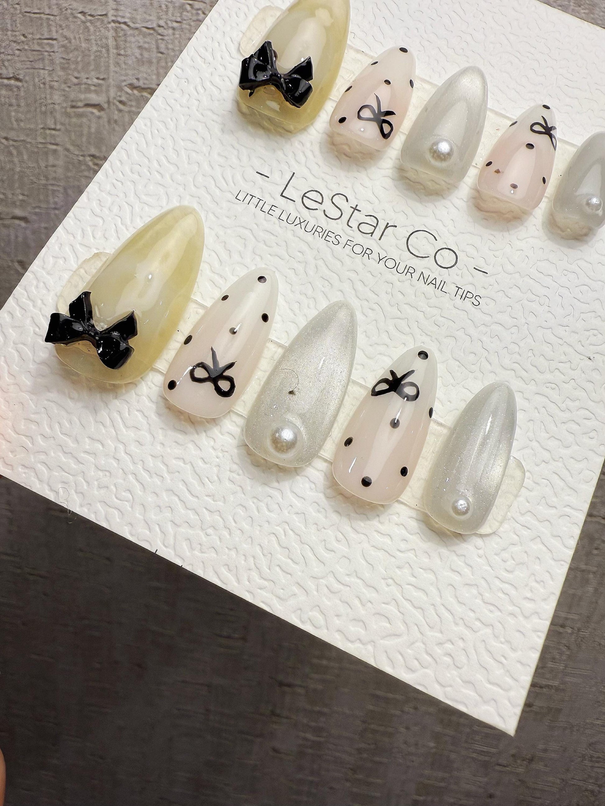 Handmade Press On Milk Ribbon Dots Gel Nails 4for3 Timed Offer