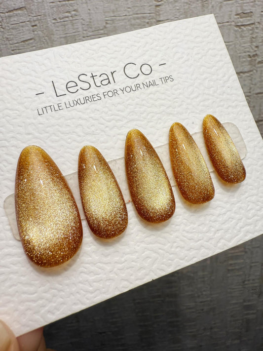 Handmade Press On Champagne Amber Cat Eye Gel Acrylic Nails 4for3 Timed Offer