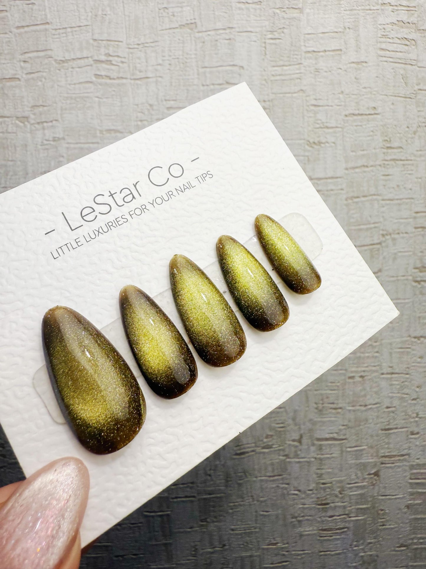 Handmade Press On Aurora Olive Cat Eye Gel Nails 4for3 Timed Offer