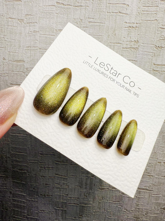 Handmade Press On Aurora Olive Cat Eye Gel Nails 4for3 Timed Offer