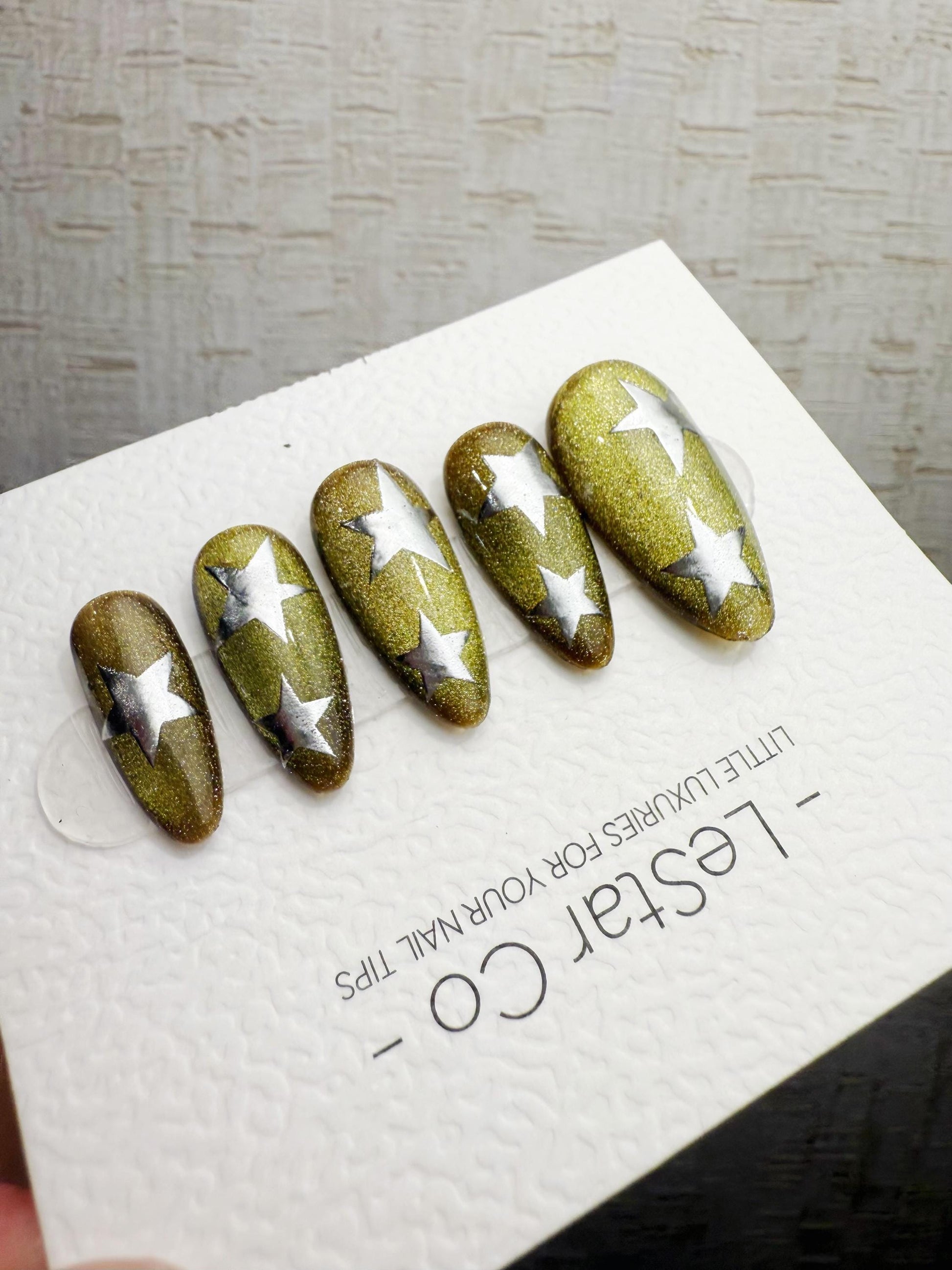 Handmade Press On Aurora Olive Star Cat Eye Gel Nails 4for3 Timed Offer