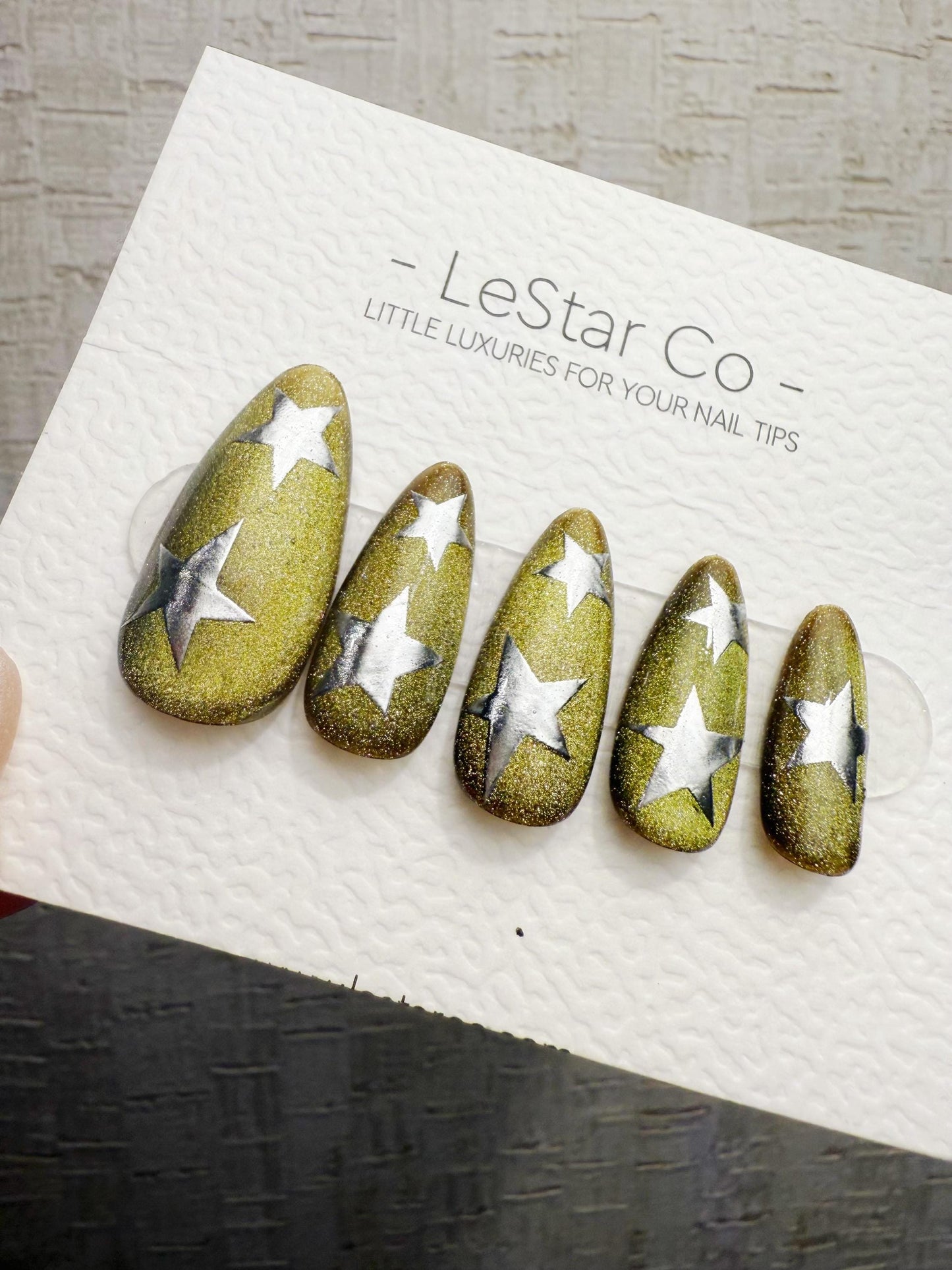 Handmade Press On Aurora Olive Star Cat Eye Gel Nails 4for3 Timed Offer