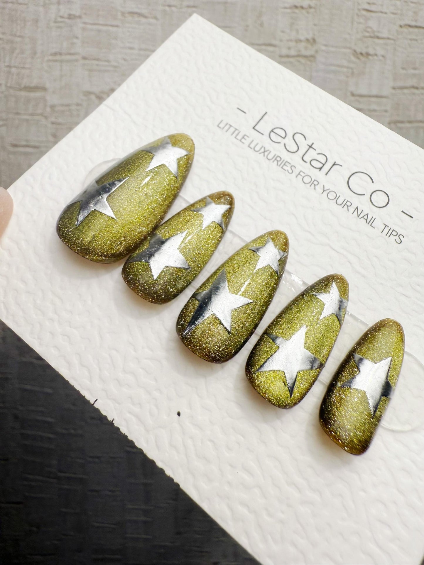 Handmade Press On Aurora Olive Star Cat Eye Gel Nails 4for3 Timed Offer