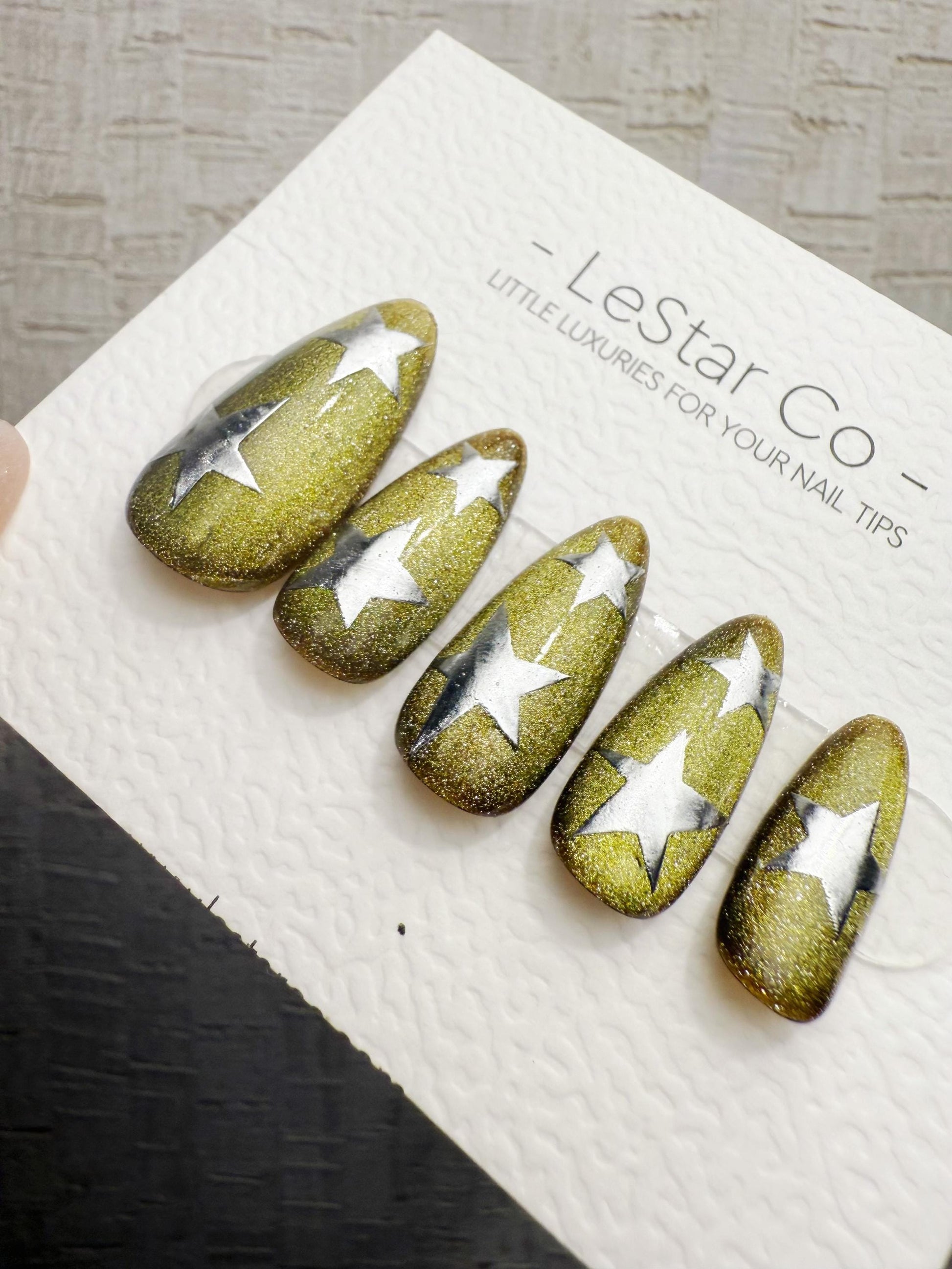Handmade Press On Aurora Olive Star Cat Eye Gel Nails 4for3 Timed Offer