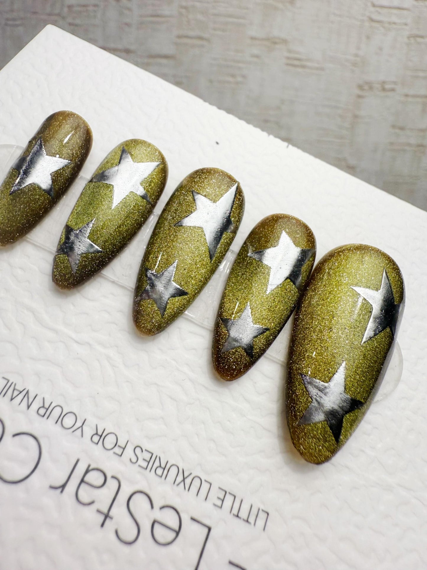 Handmade Press On Aurora Olive Star Cat Eye Gel Nails 4for3 Timed Offer