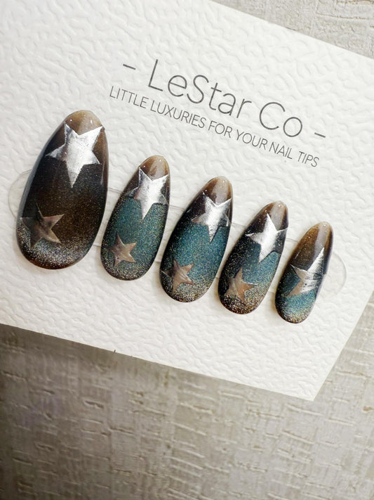 Handmade Press On Cobalt Smoke Star Cat Eye Gel Nails 4for3 Timed Offer