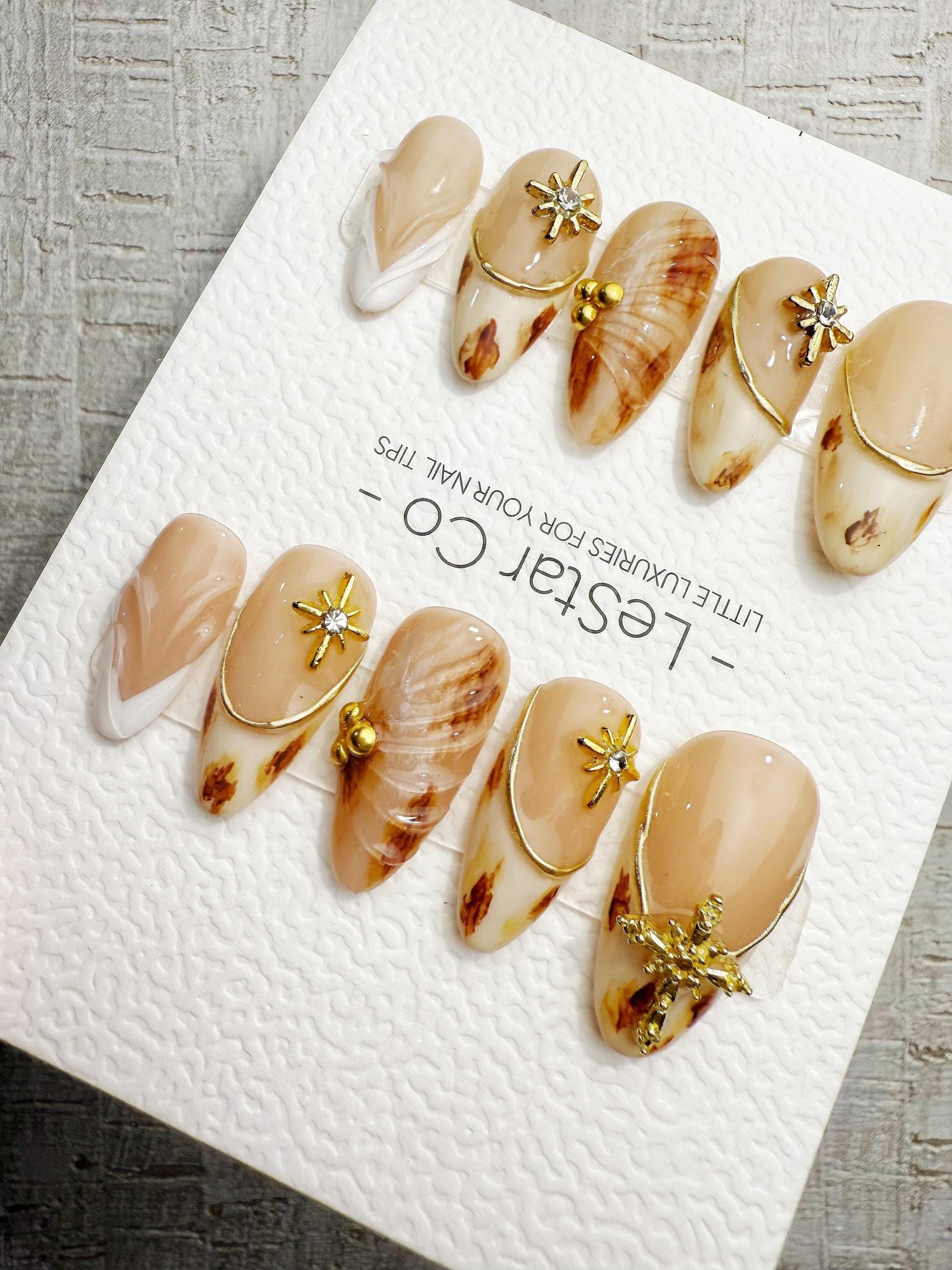 Handmade Press On Golden Milk Marble Gel Acrylic Nails 4for3 Timed Offer