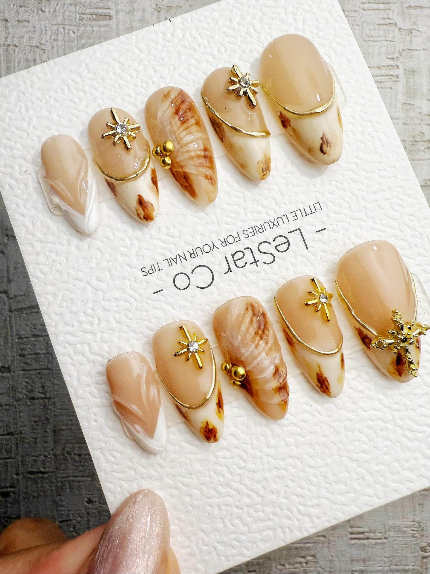 Handmade Press On Golden Milk Marble Gel Acrylic Nails 4for3 Timed Offer