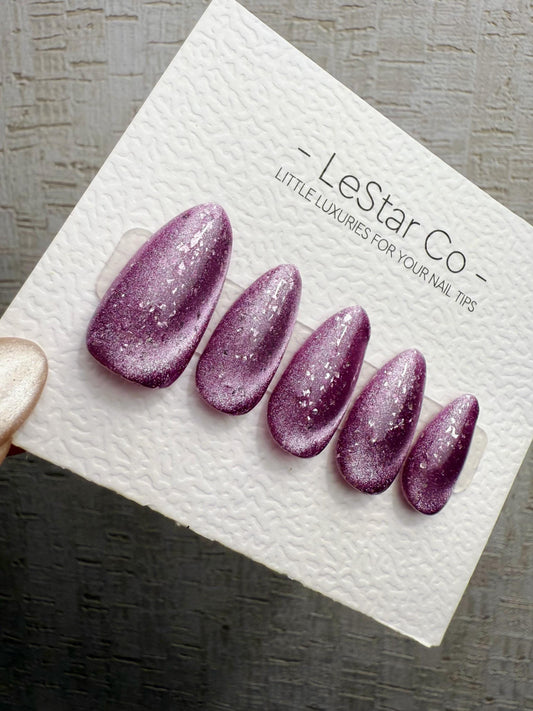 Reusable Plum Galaxy Glow | Handmade Press On Gel Acrylic Nails | 4for3 Timed Offer