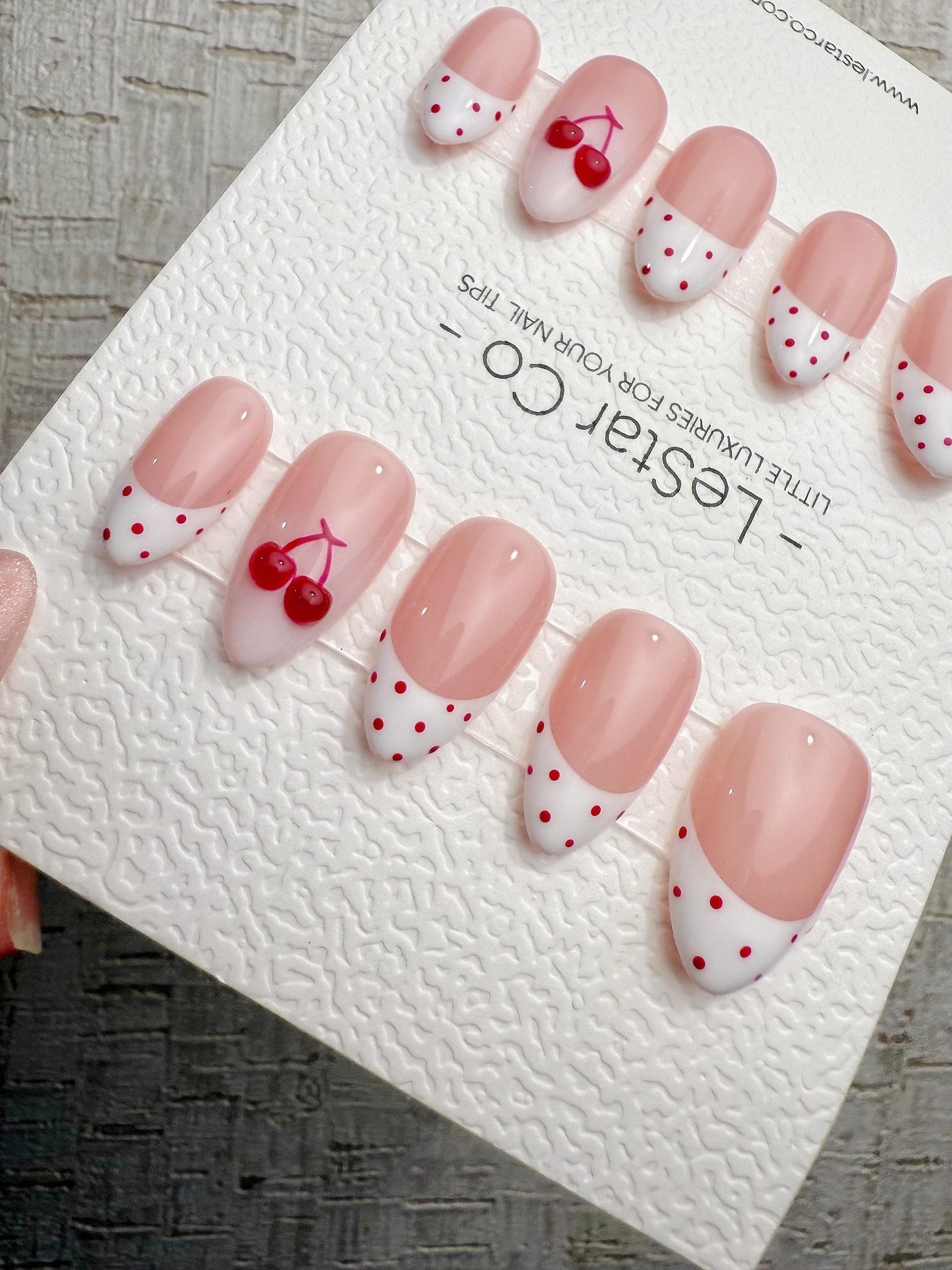 Handmade Press On Cherry Dot French Gel Acrylic Nails 4for3 Timed Offer