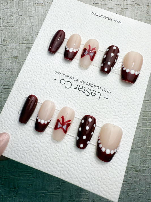 Handmade Press On Burgundy Polka French Gel Acrylic Nails 4for3 Timed Offer