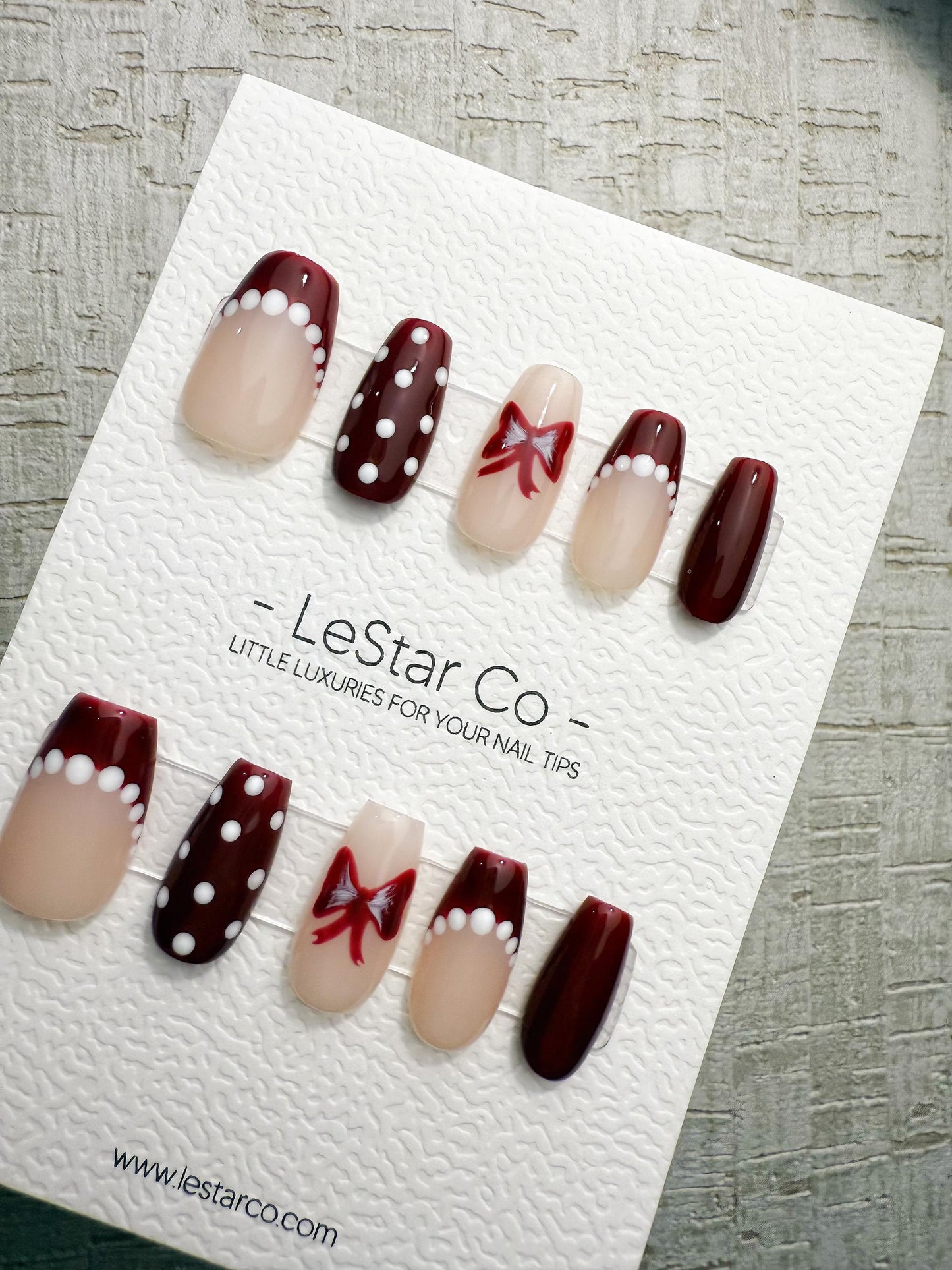 Handmade Press On Burgundy Polka French Gel Acrylic Nails 4for3 Timed Offer