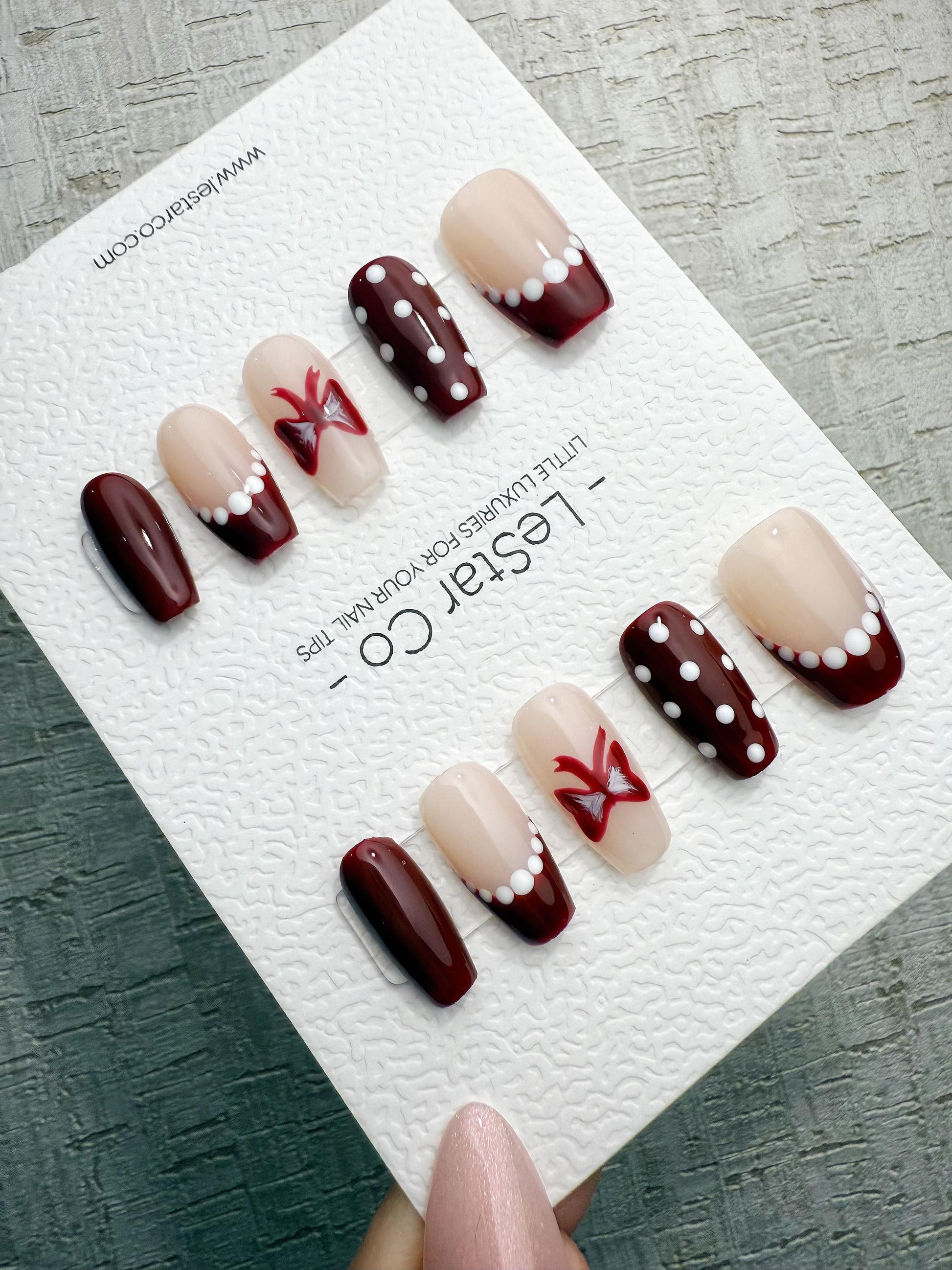 Handmade Press On Burgundy Polka French Gel Acrylic Nails 4for3 Timed Offer