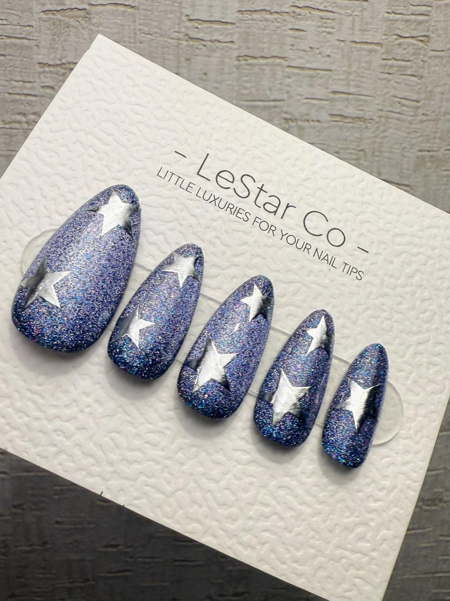 Handmade Press On Cosmic Indigo Star Cat Eye Gel Acrylic Nails 4for3 Timed Offer