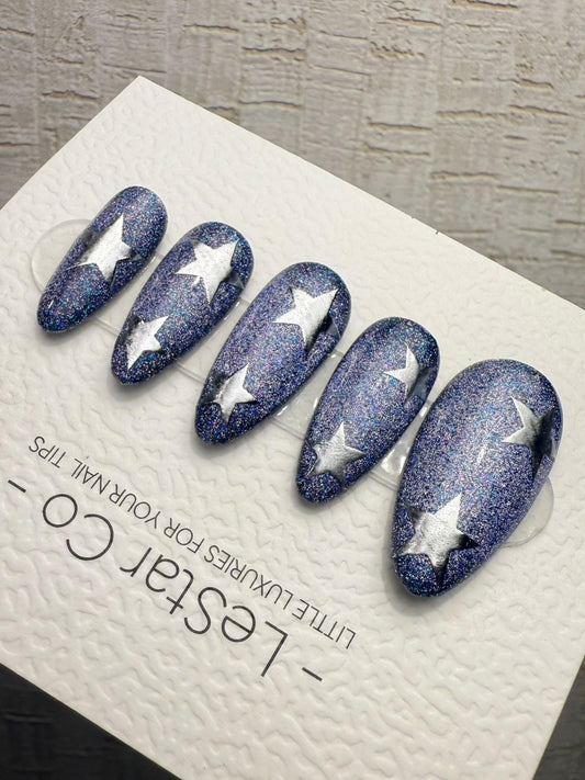 Handmade Press On Cosmic Indigo Star Cat Eye Gel Acrylic Nails 4for3 Timed Offer