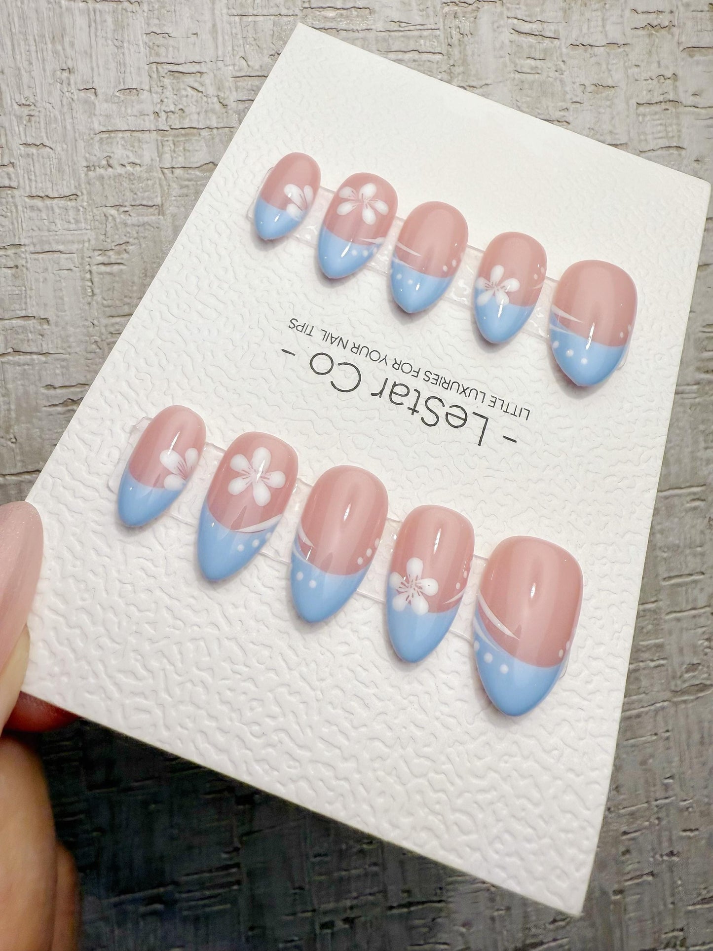 Handmade Press On Blue Blossom French Gel Acrylic Nails 4for3 Timed Offer
