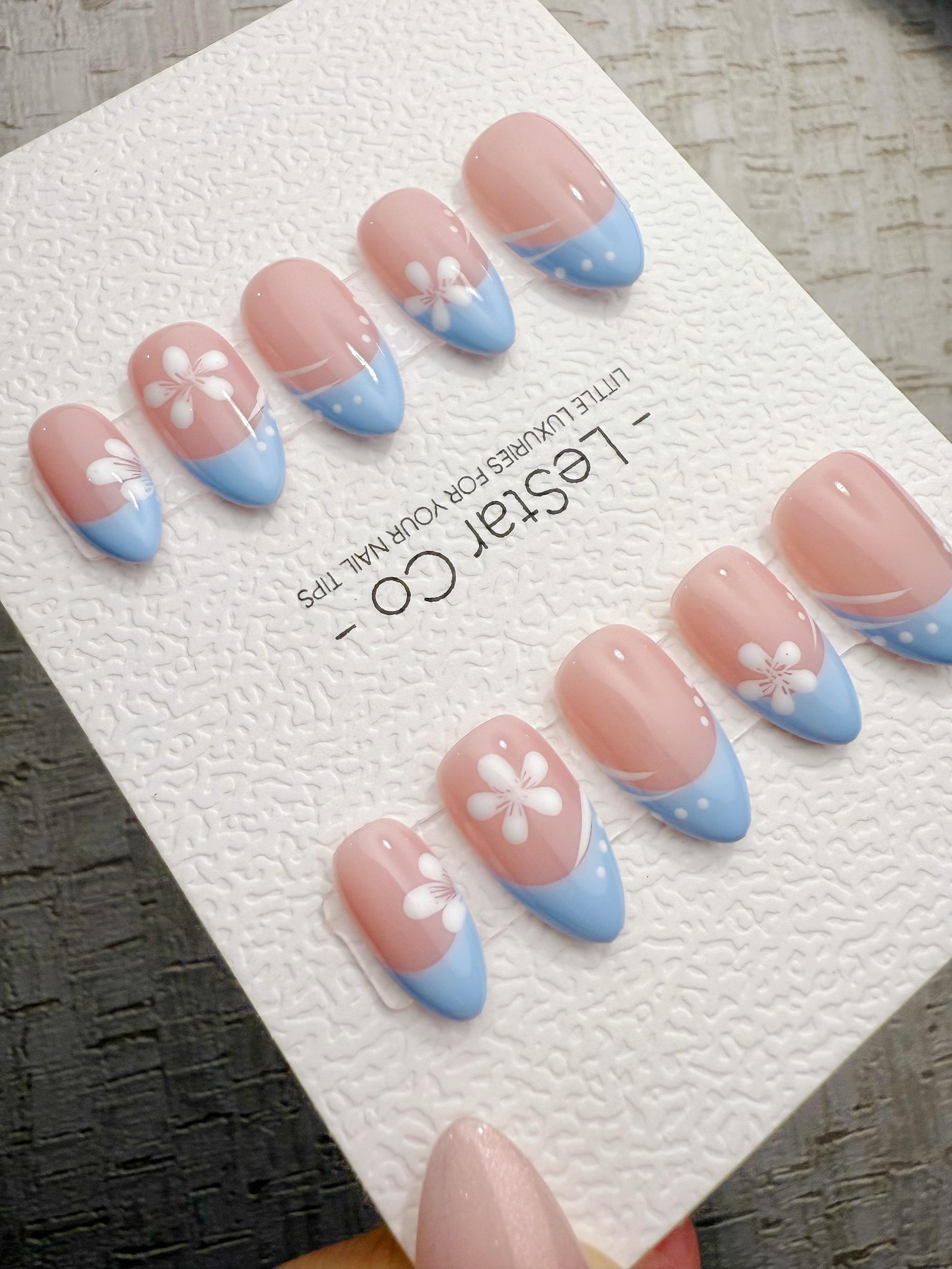 Handmade Press On Blue Blossom French Gel Acrylic Nails 4for3 Timed Offer