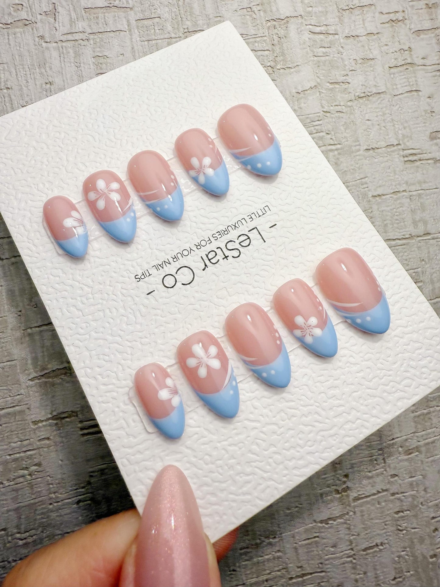 Handmade Press On Blue Blossom French Gel Acrylic Nails 4for3 Timed Offer