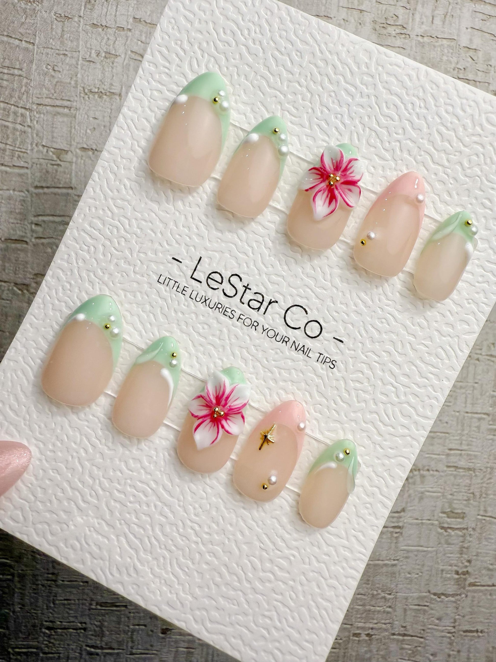 Handmade Press On Mint Tropic Bloom Gel Acrylic Nails 4for3 Timed Offer
