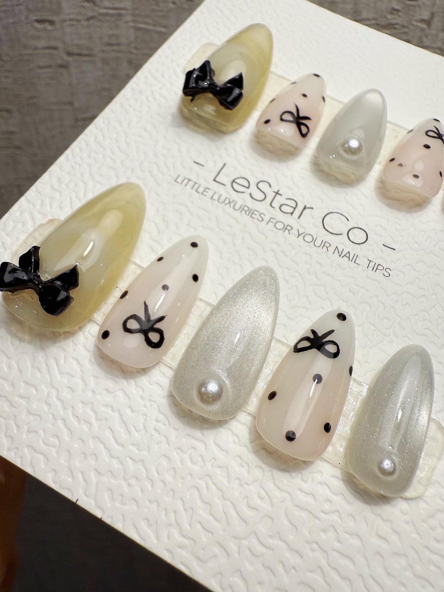 Handmade Press On Milk Ribbon Dots Gel Nails 4for3 Timed Offer